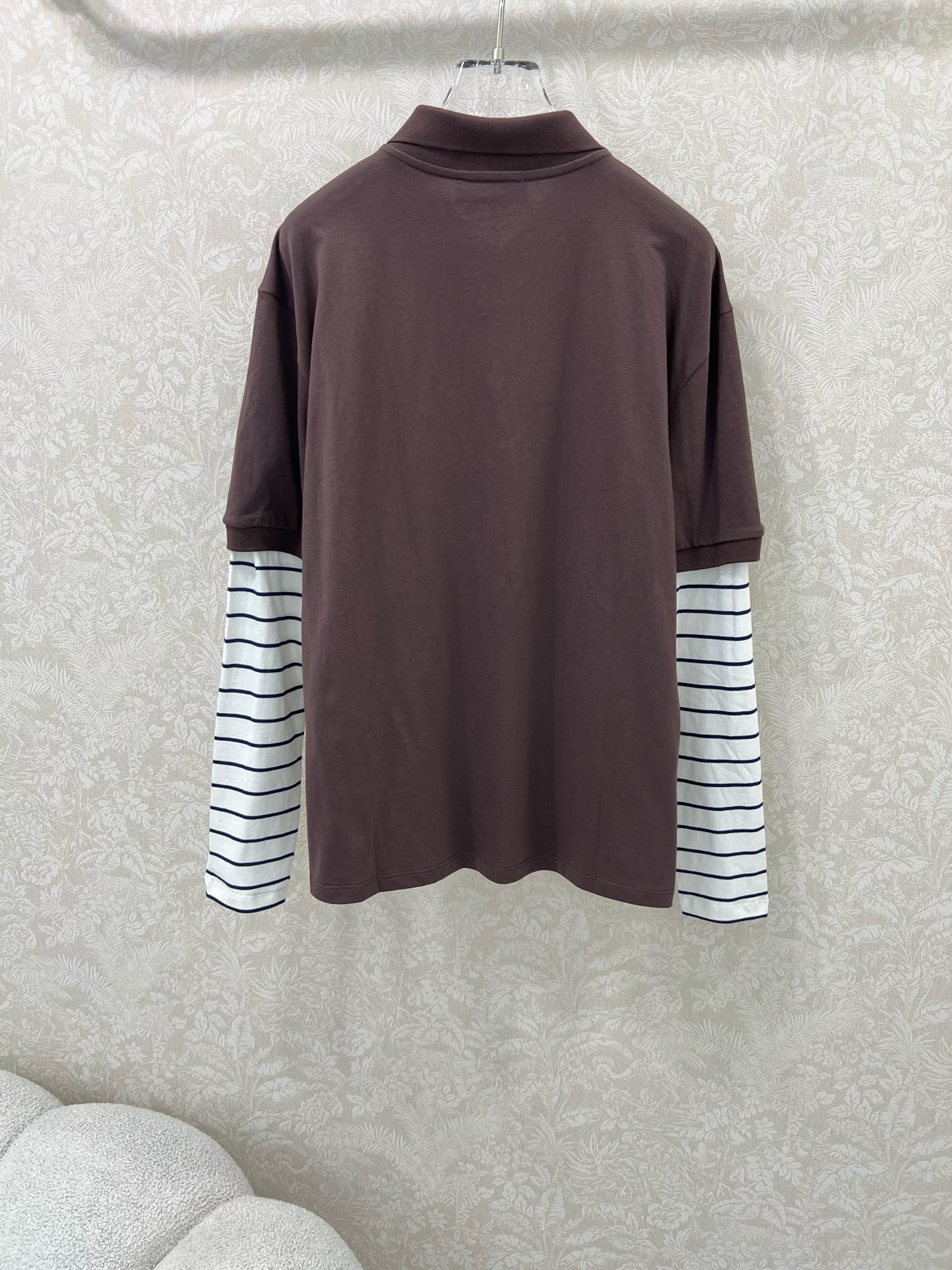 🔥🔥miumi*25新款翻领假两件长袖T恤 高级老钱风配色袖子拼接条纹袖口 少女知识分子时髦风穿搭！老钱