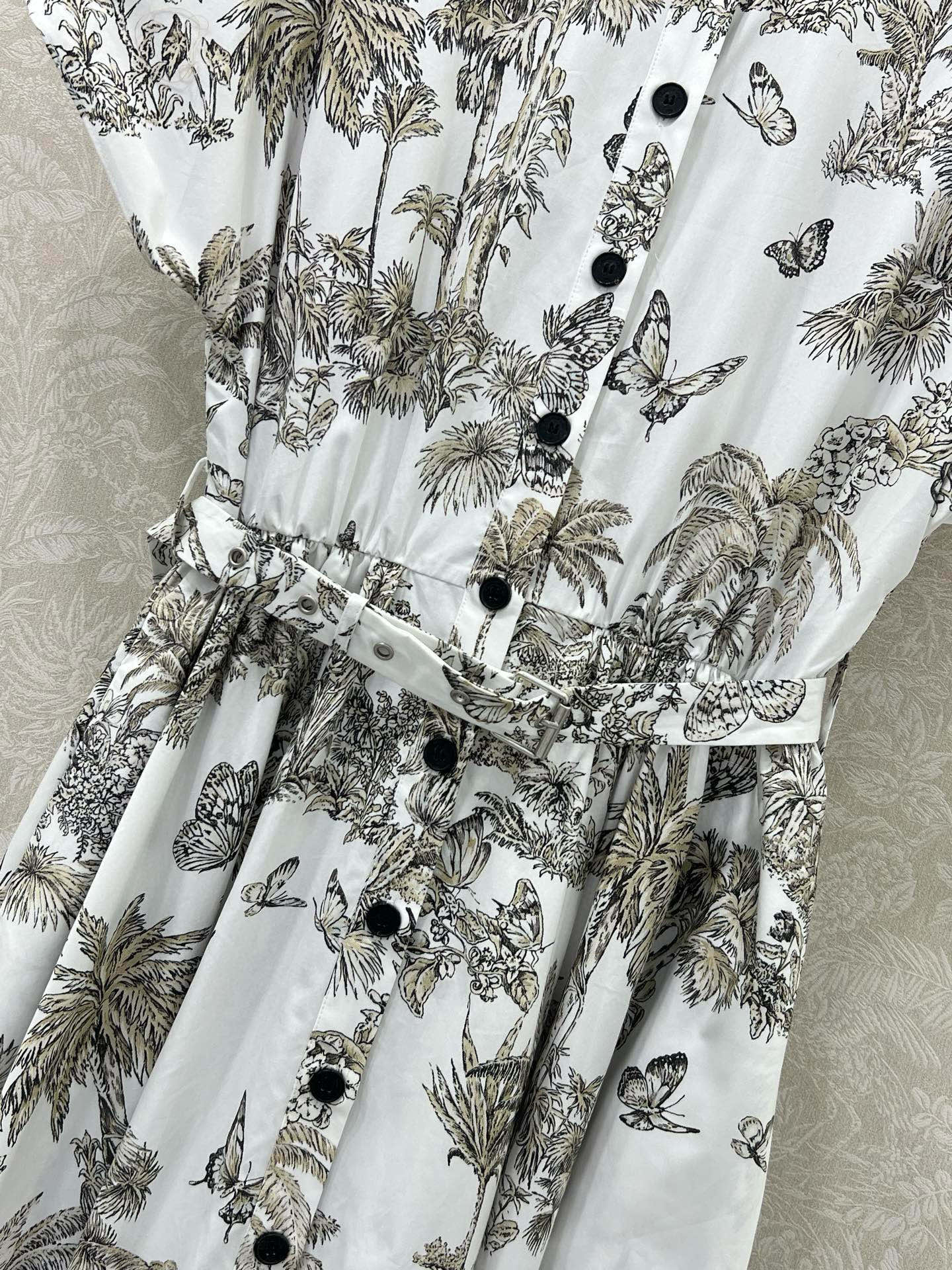 🔥🔥DIO* 25新款榛果色Palms茹伊印花图案立领短袖连衣裙 通体满印椰树蝴蝶等动植物自然元素 向自