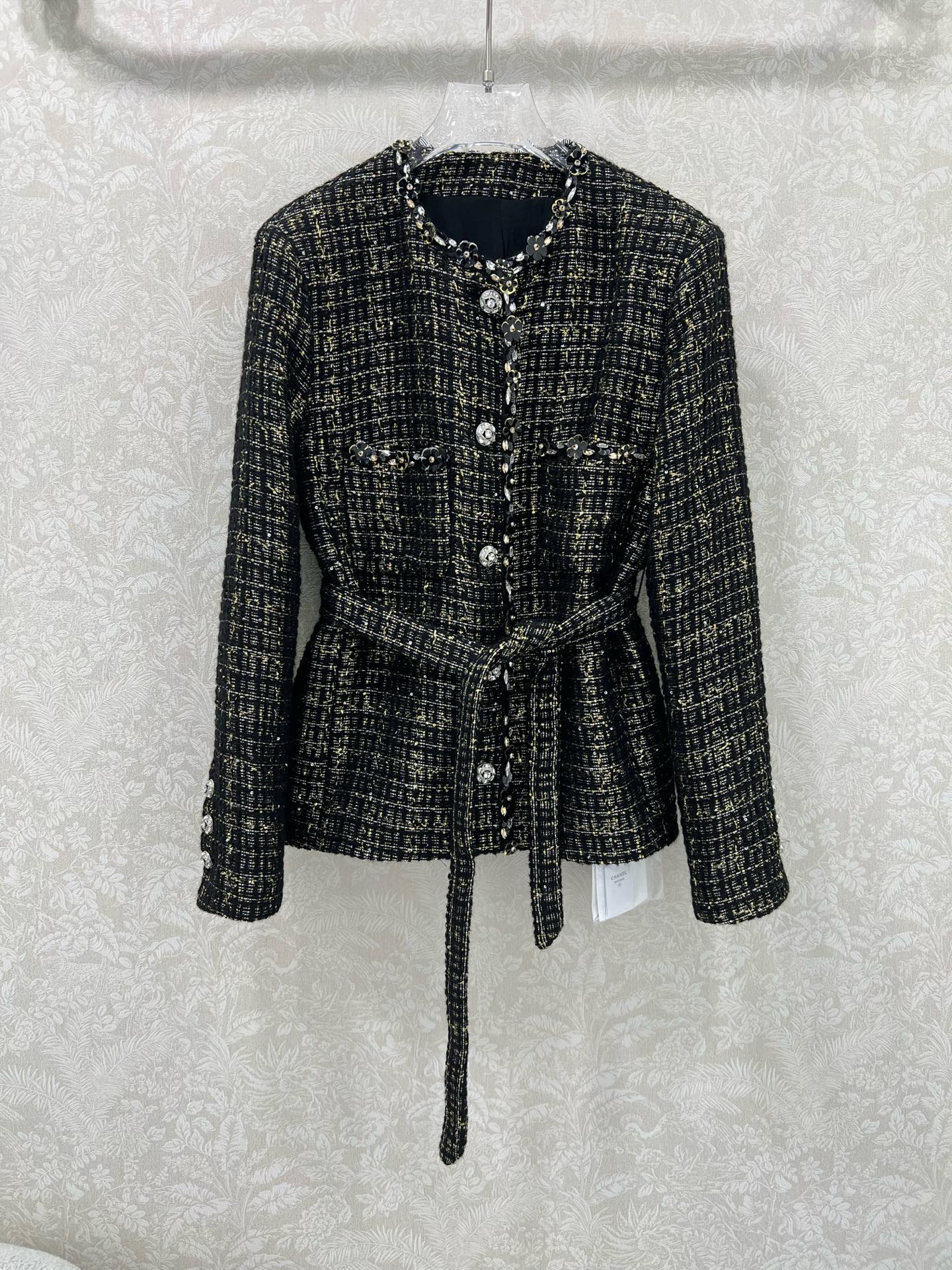 Elegant Tweed Jacket with Pearl Embellishments and Belted Waist