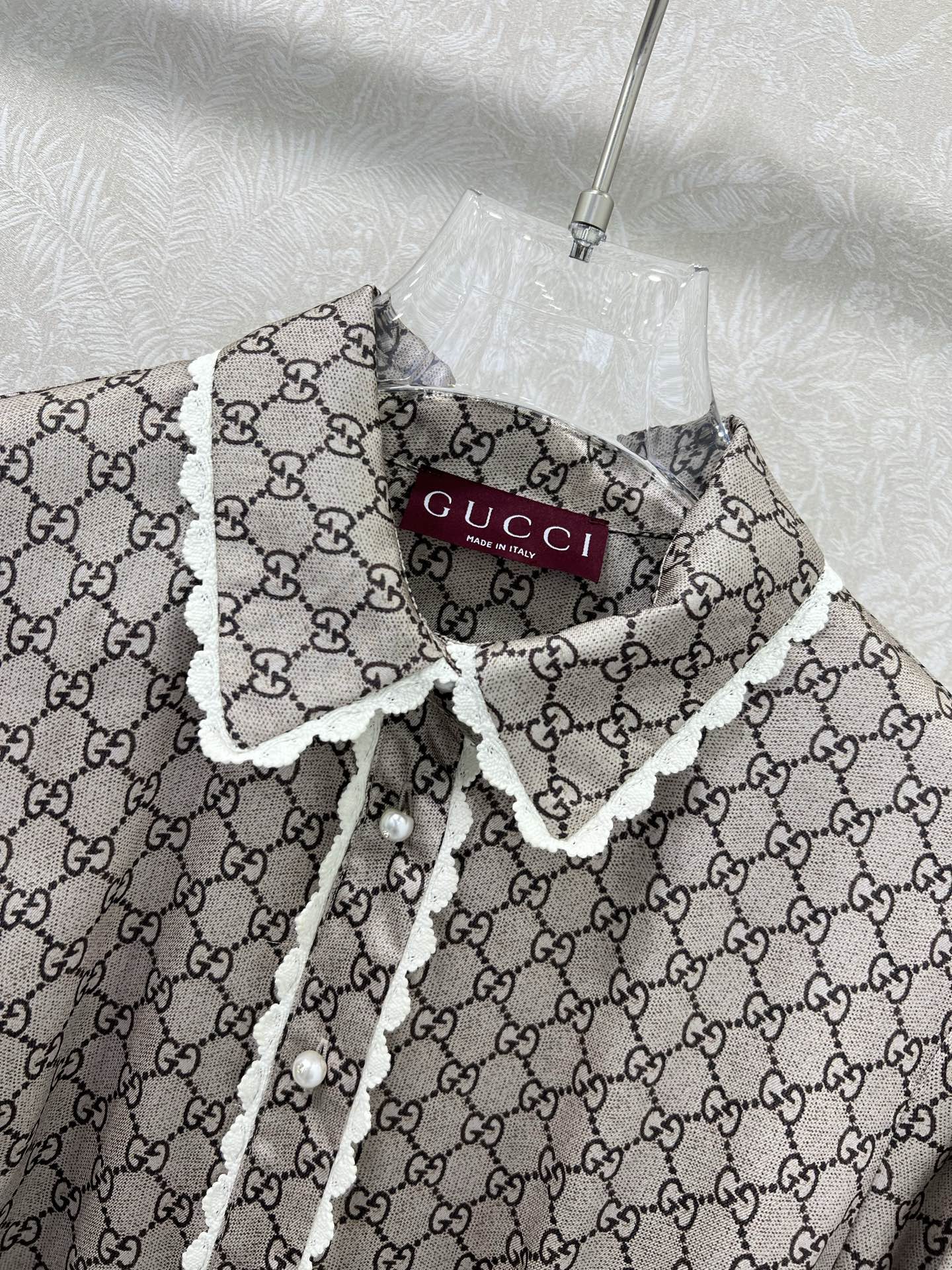 🔥🔥 Gucc*25新款经典双G logo 印花拼蕾丝花边衬衣式连衣裙 经典花色永不过时 这款气质甜美高