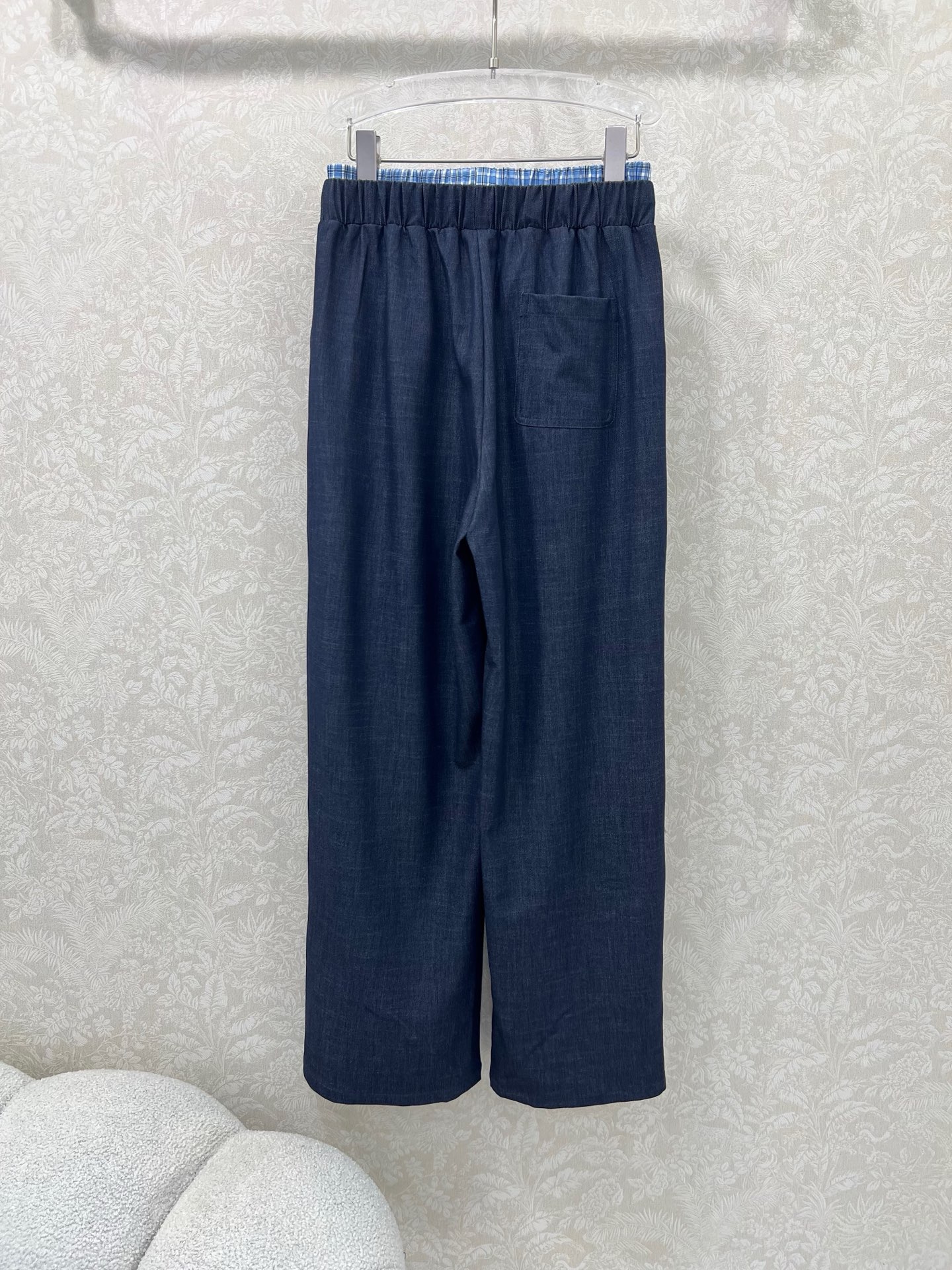 🔥🔥miumi*25新款拼蓝格抽绳阔腿长裤 超火爆的蓝格子系列 撞色蓝格子双腰头设计 裤身刺绣字母log