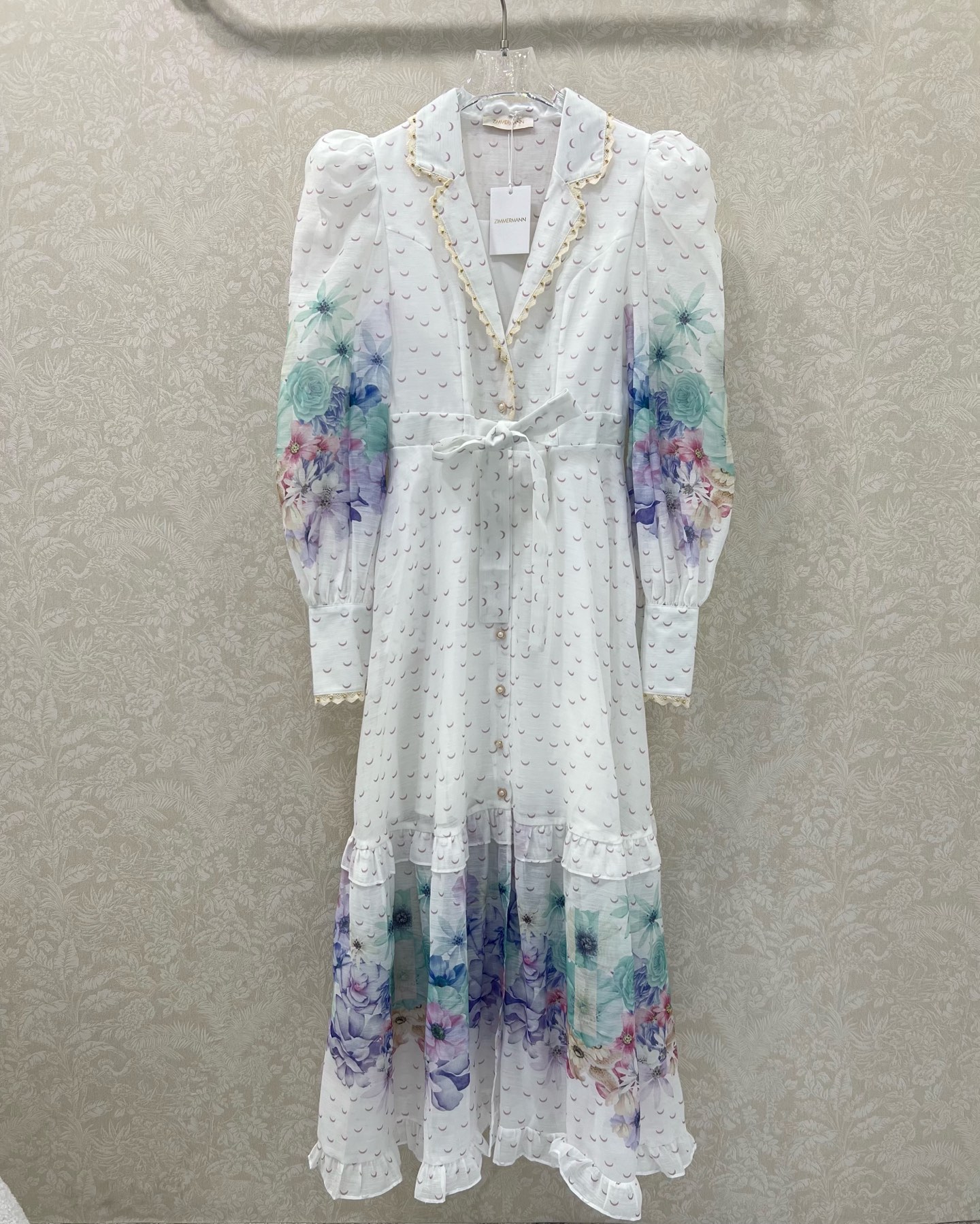 🔥🔥Zimmerman*兹/默曼25新款连衣裙 系扣前襟灯笼袖长款连衣裙 腰肩系绳设计 配以蕾丝小圆珠花