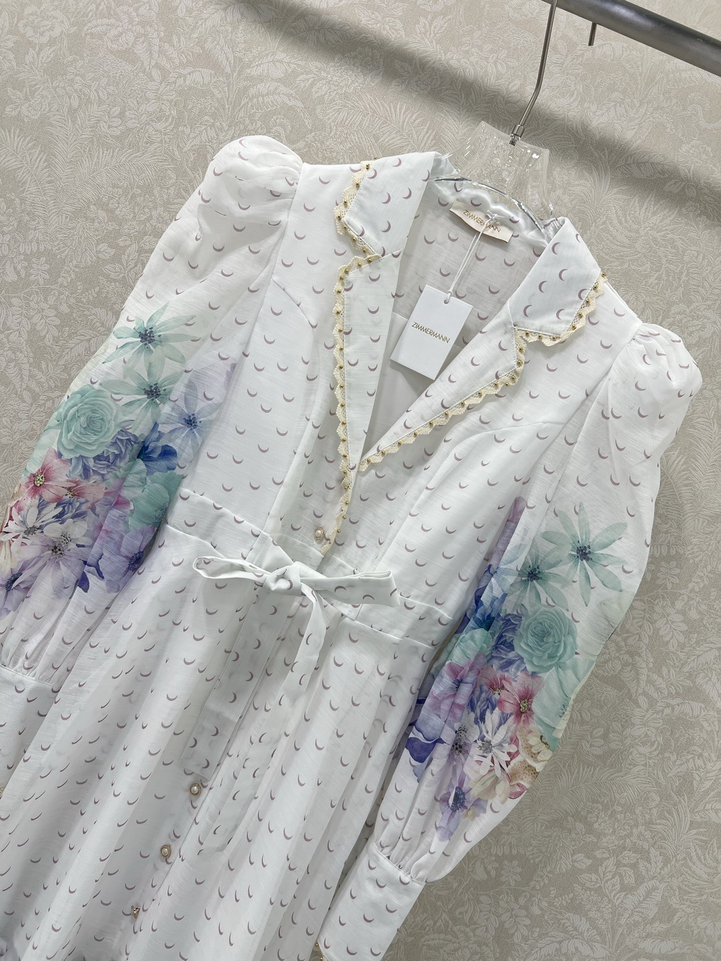 🔥🔥Zimmerman*兹/默曼25新款连衣裙 系扣前襟灯笼袖长款连衣裙 腰肩系绳设计 配以蕾丝小圆珠花