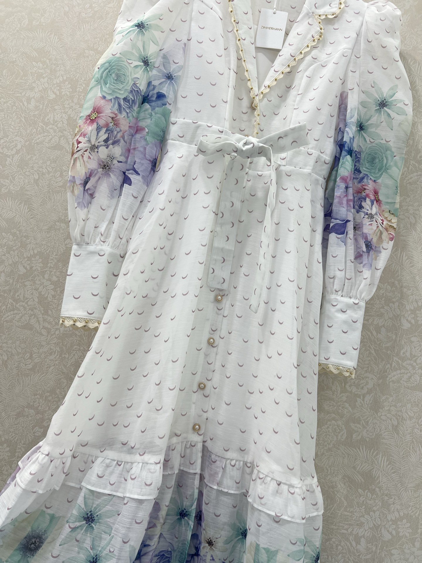 🔥🔥Zimmerman*兹/默曼25新款连衣裙 系扣前襟灯笼袖长款连衣裙 腰肩系绳设计 配以蕾丝小圆珠花