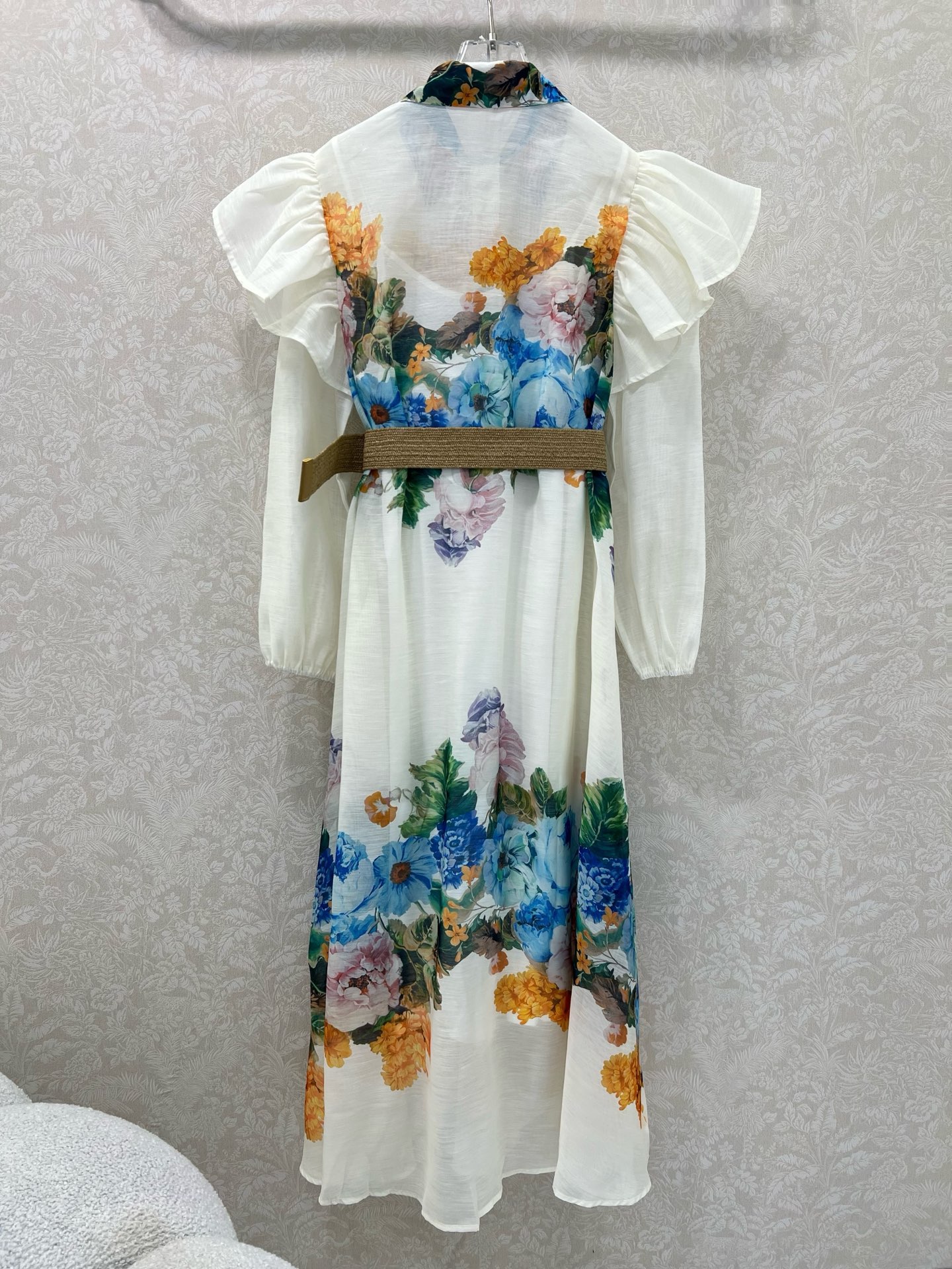 🔥🔥Zimmerman*兹/默曼 25新款翻领宫廷花边荷叶边长款连衣裙 灯笼袖搭配定制编制腰带 定位印花