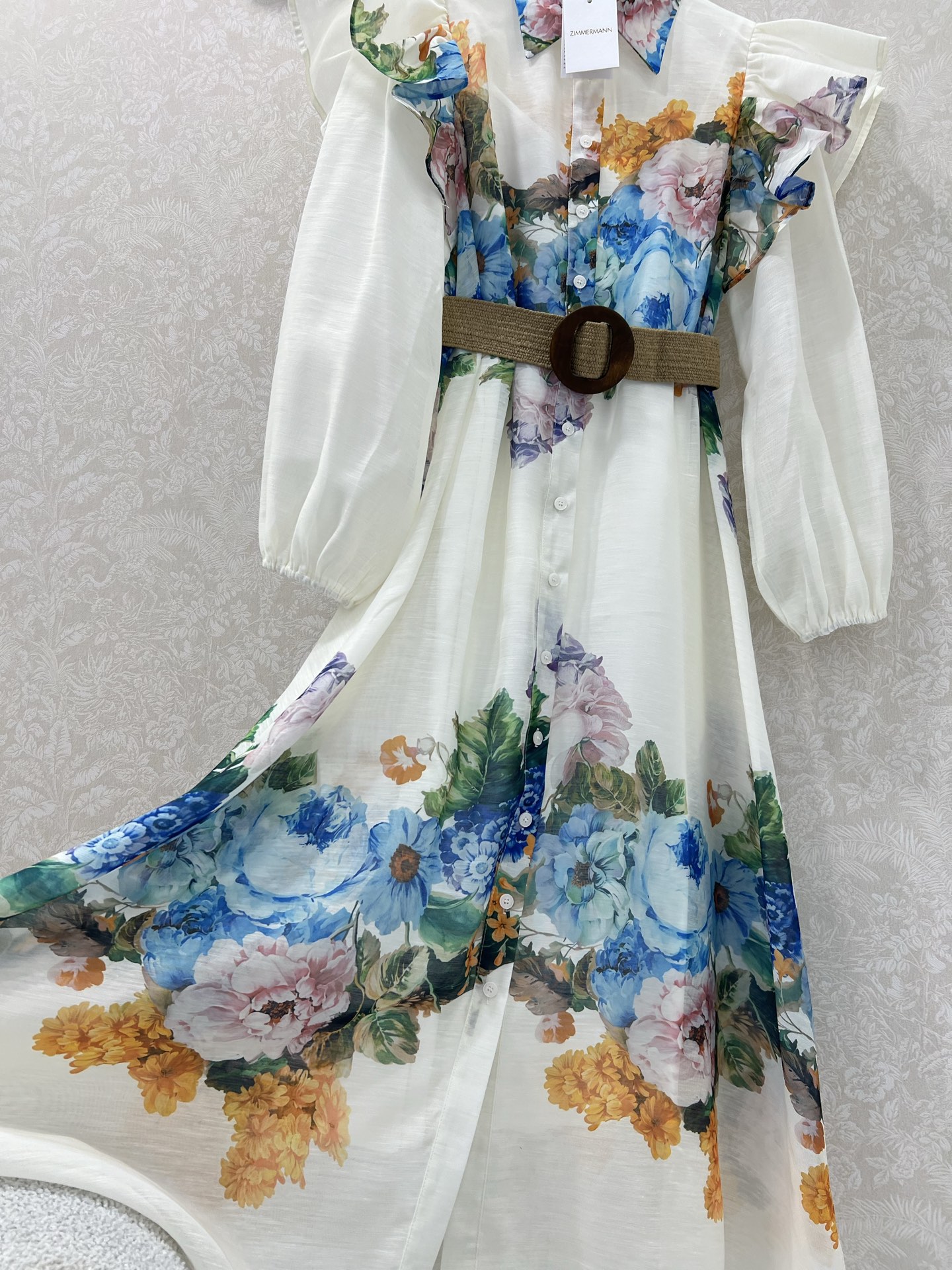 🔥🔥Zimmerman*兹/默曼 25新款翻领宫廷花边荷叶边长款连衣裙 灯笼袖搭配定制编制腰带 定位印花