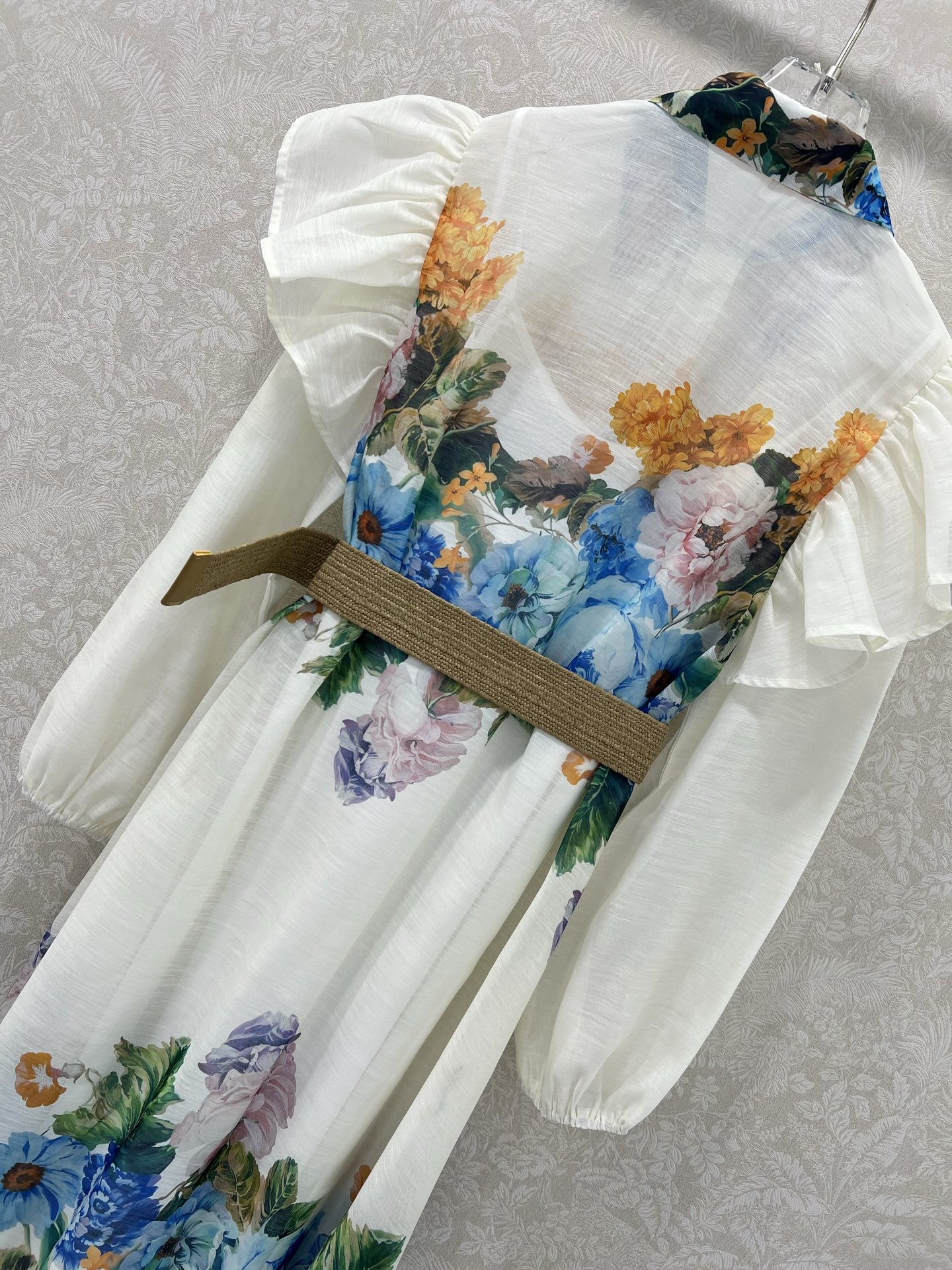 🔥🔥Zimmerman*兹/默曼 25新款翻领宫廷花边荷叶边长款连衣裙 灯笼袖搭配定制编制腰带 定位印花