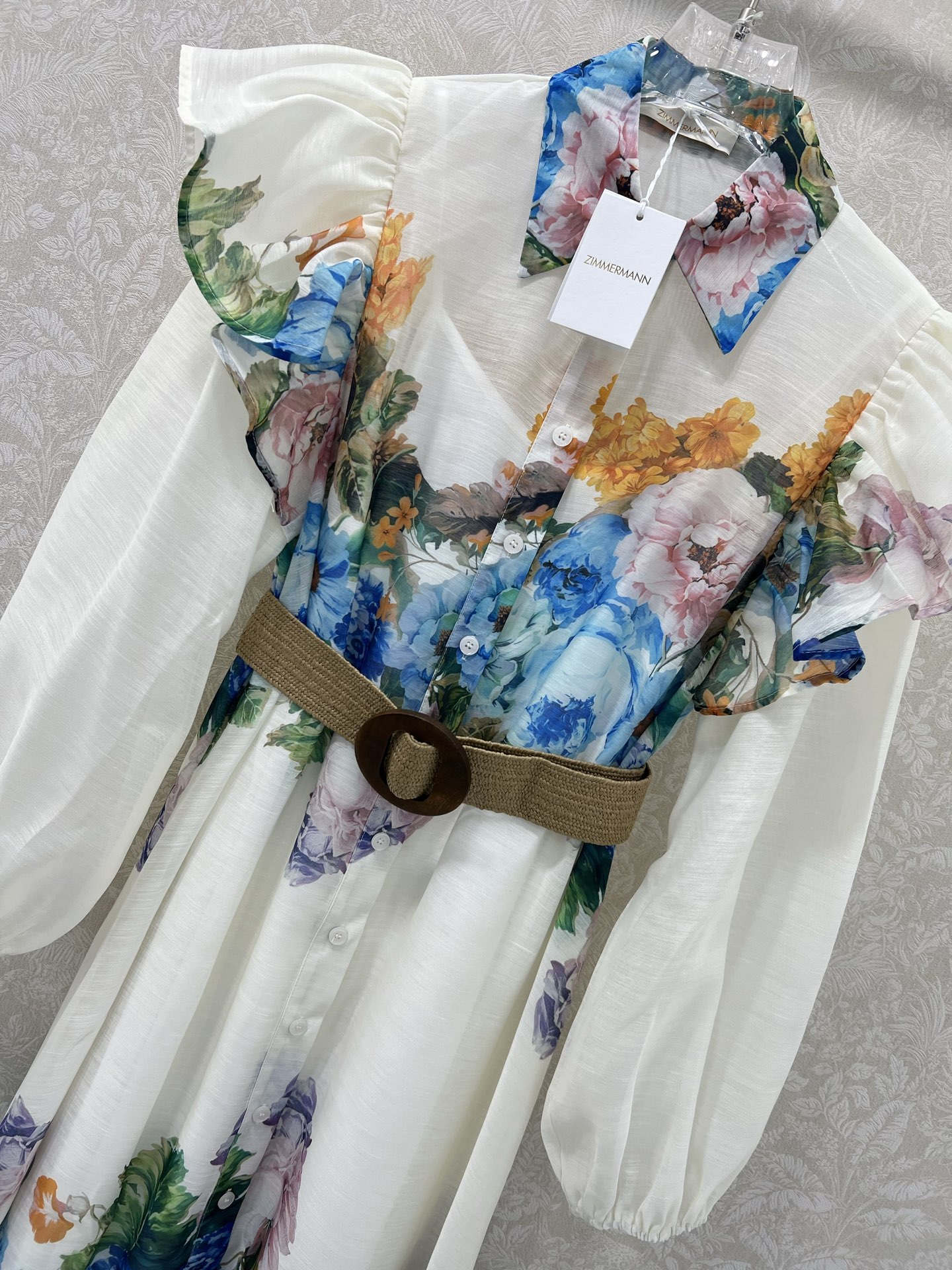 🔥🔥Zimmerman*兹/默曼 25新款翻领宫廷花边荷叶边长款连衣裙 灯笼袖搭配定制编制腰带 定位印花