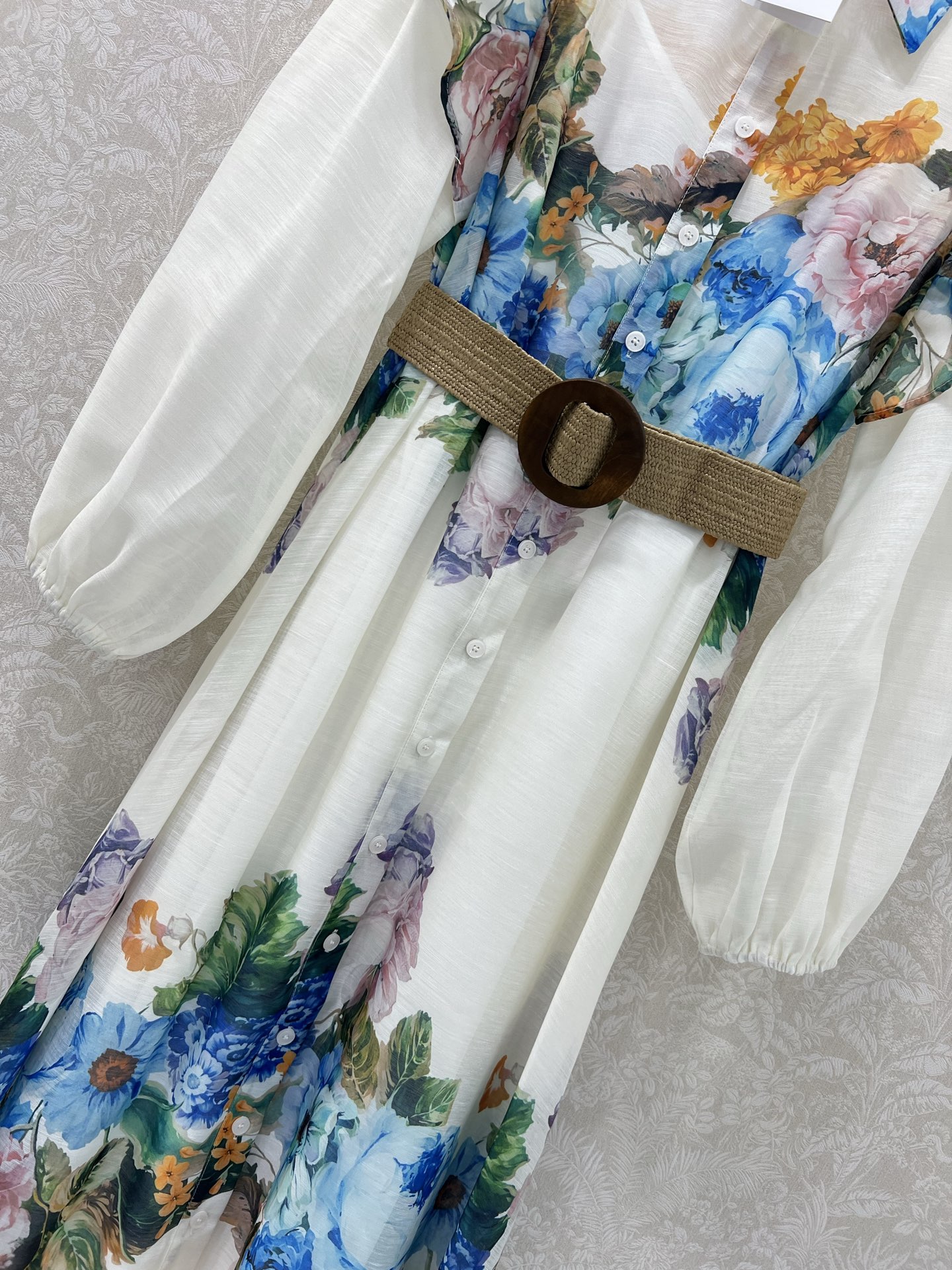 🔥🔥Zimmerman*兹/默曼 25新款翻领宫廷花边荷叶边长款连衣裙 灯笼袖搭配定制编制腰带 定位印花