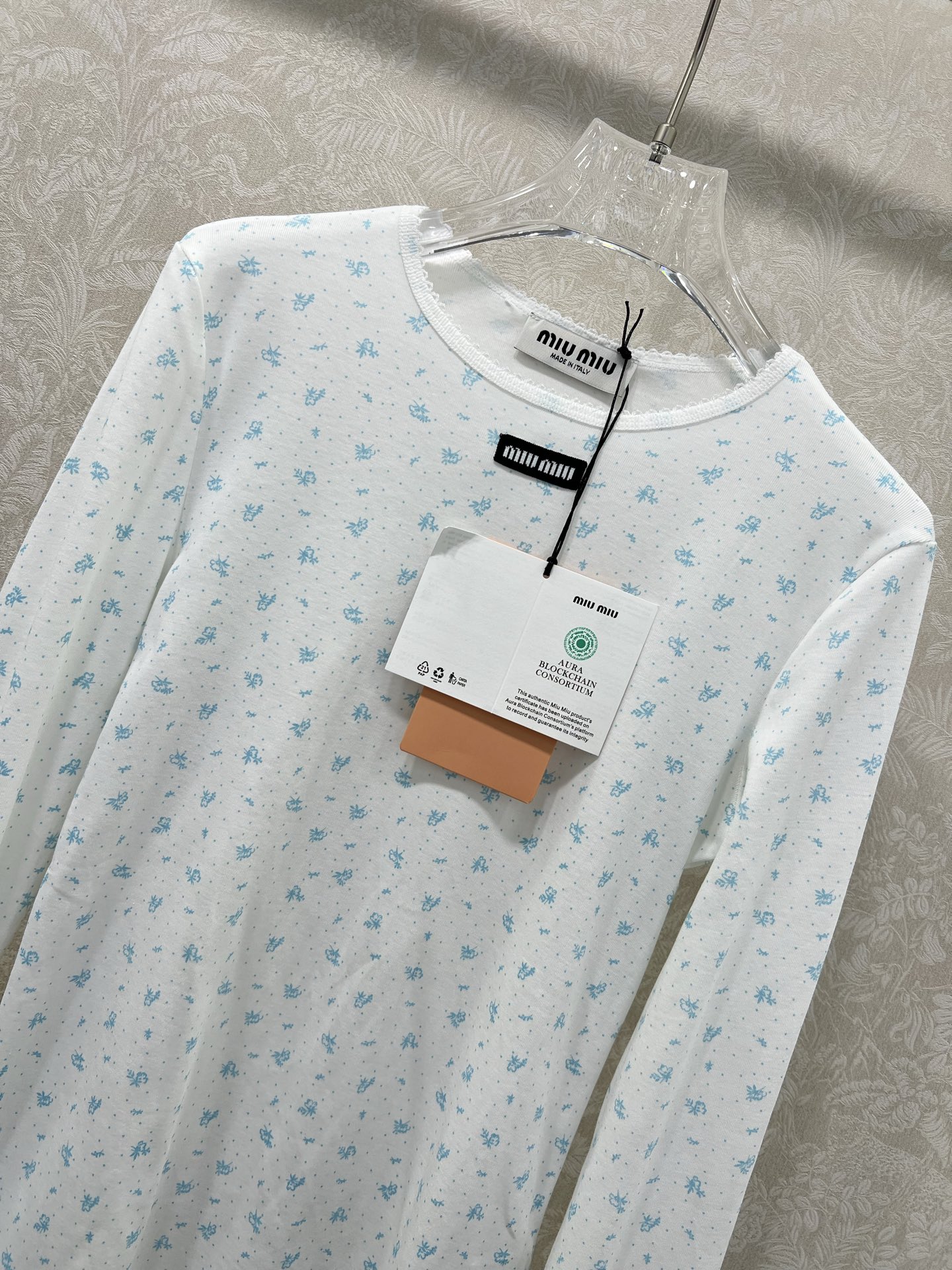 🔥🔥Miuni*25新款圆领碎花长袖上衣 全棉材质，清透舒适，弹力十足，圆领短袖裁剪，领口袖口螺纹波浪花