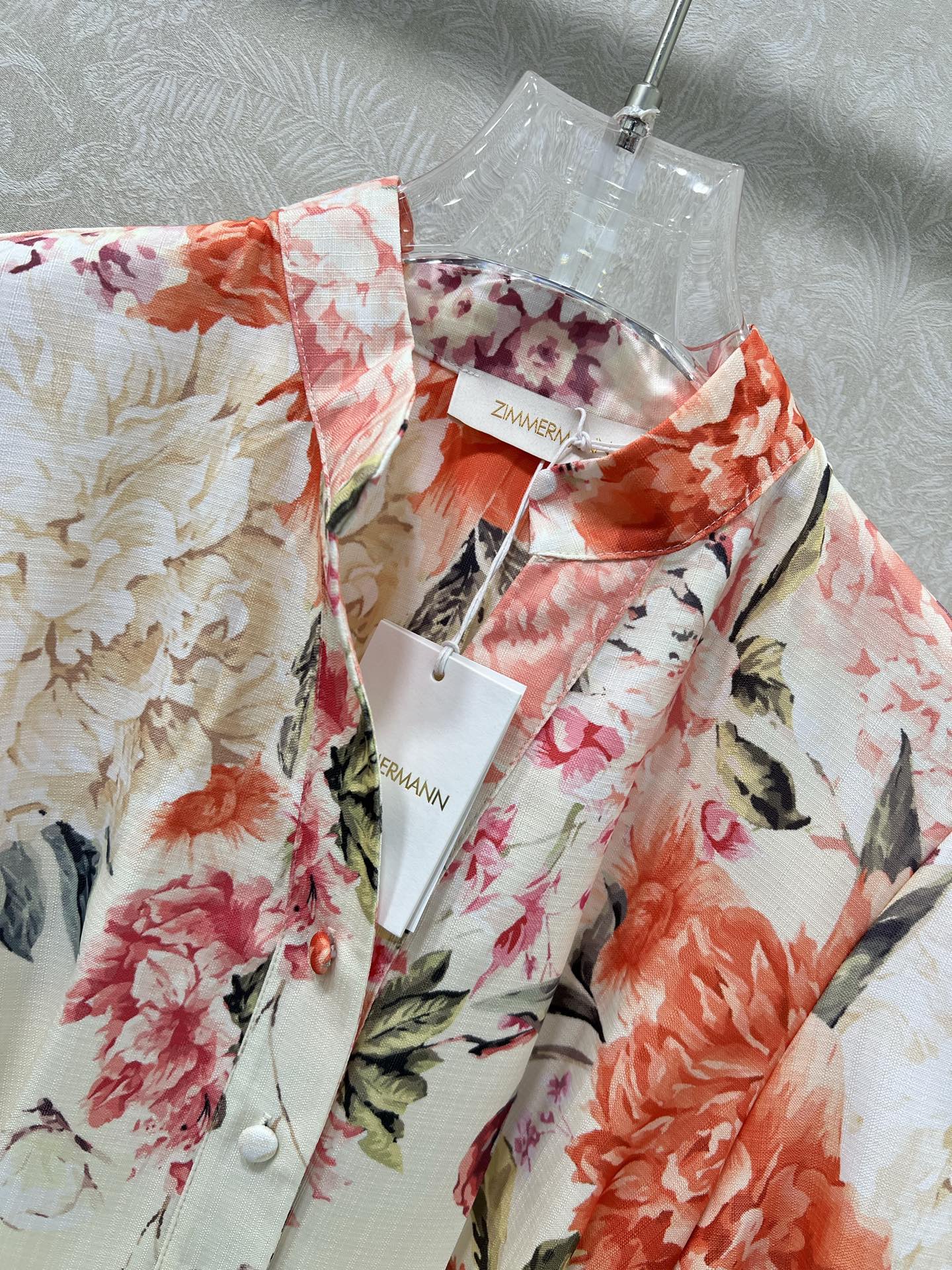 🔥🔥Zimmerman*兹/默曼 25新款牡丹花朵印花连衣裙、时尚立领半扣搭配本布立体腰带 腰身褶皱勾勒