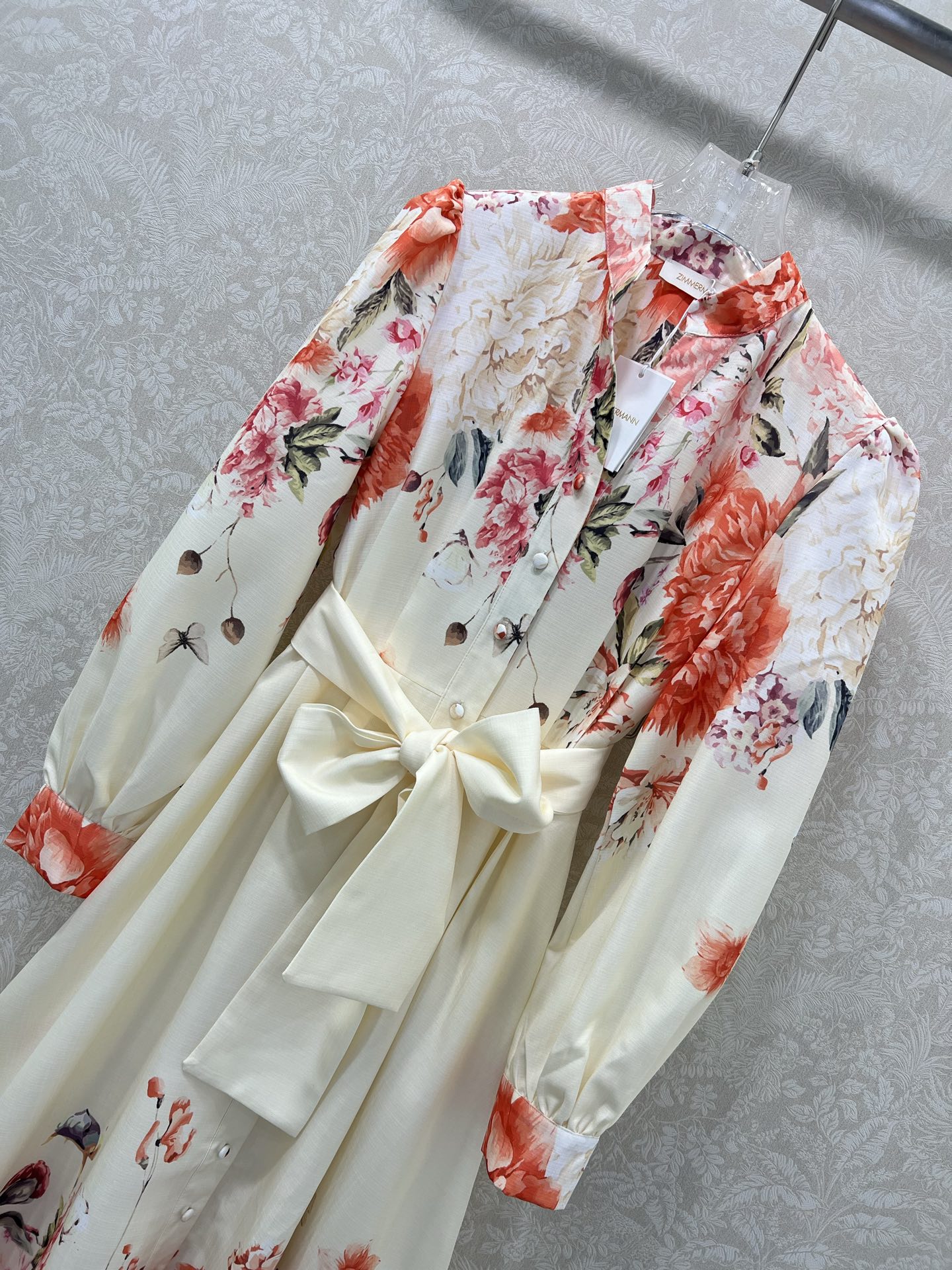 🔥🔥Zimmerman*兹/默曼 25新款牡丹花朵印花连衣裙、时尚立领半扣搭配本布立体腰带 腰身褶皱勾勒