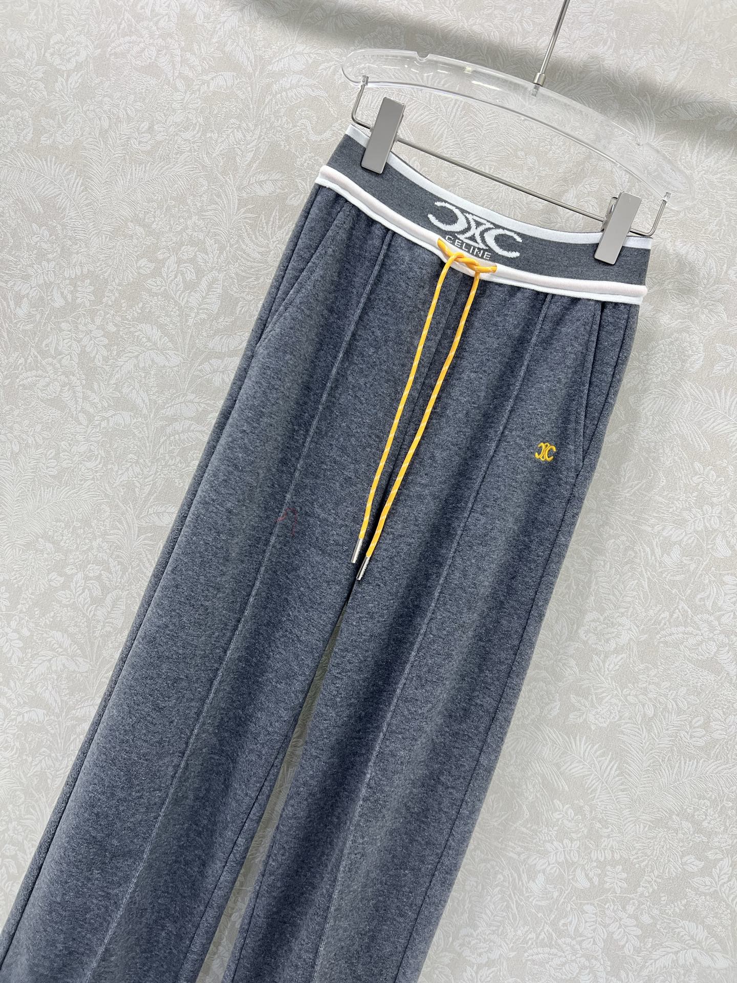 🔥🔥celin* 25新款腰头字母弹力织带净色阔腿长裤 腰头撞色logo弹力织带 裤身凯旋门刺绣装饰 两