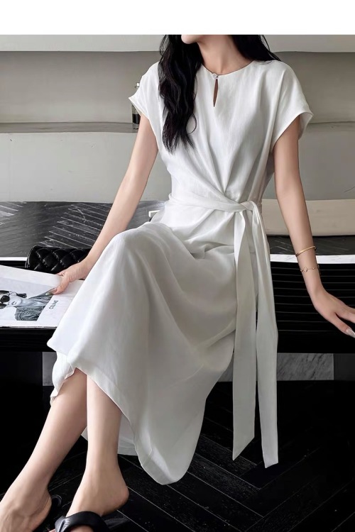 Elegant Linen Midi Dress with Tie Waist - Flattering Fit for Women 1 Elegant Linen Midi Dress with Tie Waist - Flattering Fit for Women