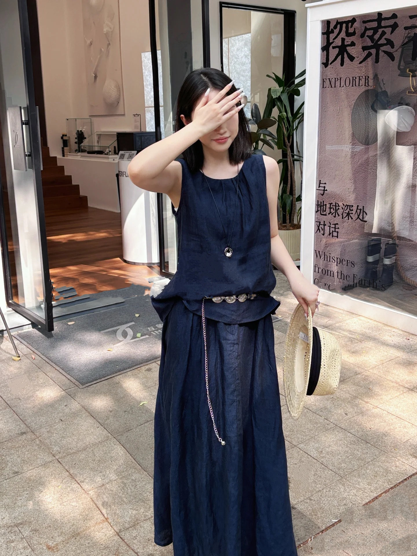 Linen Two-Piece Set: Minimalist Top & High-Waisted Skirt with Waist Chain 6 i1747405735704 3021 0 4