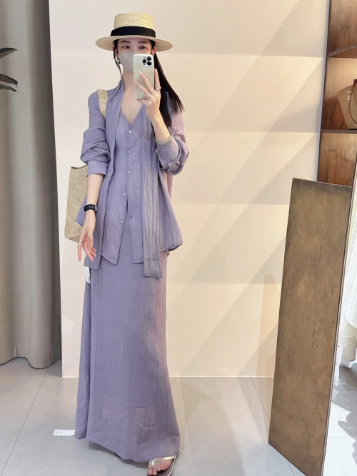 Elegant Purple Linen Two-Piece Set: V-Neck Top & High-Waist Skirt for Women 1 Elegant Purple Linen Two-Piece Set: V-Neck Top & High-Waist Skirt for Women
