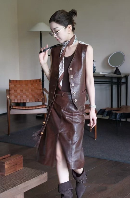 Elegant Faux Leather Vest and Slit Skirt Set with Waist Tie 1 Elegant Faux Leather Vest and Slit Skirt Set with Waist Tie