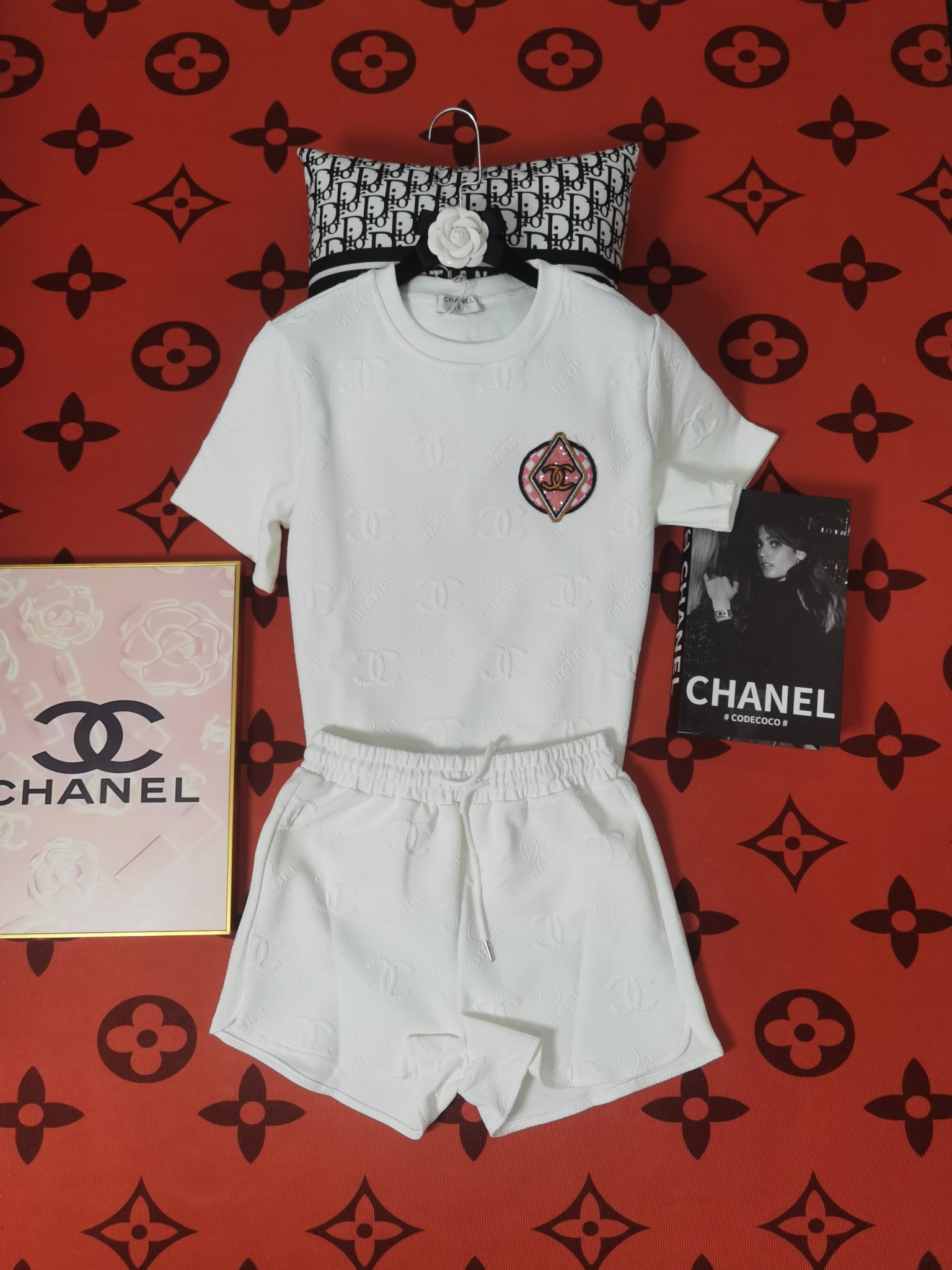 Chanel Clothing Shirts & Blouses Shorts Two Piece Outfits & Matching Sets Pink White Embroidery