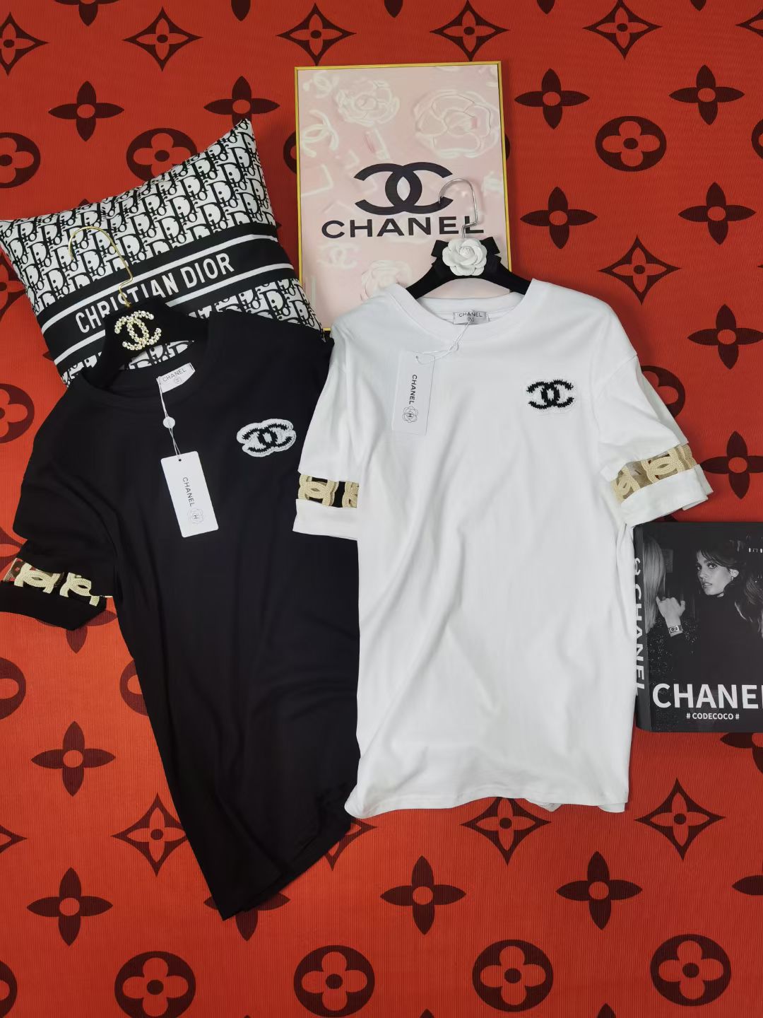 Chanel Clothing T-Shirt Black White Cotton Short Sleeve