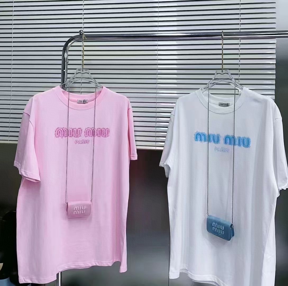 MiuMiu Clothing T-Shirt Pink White