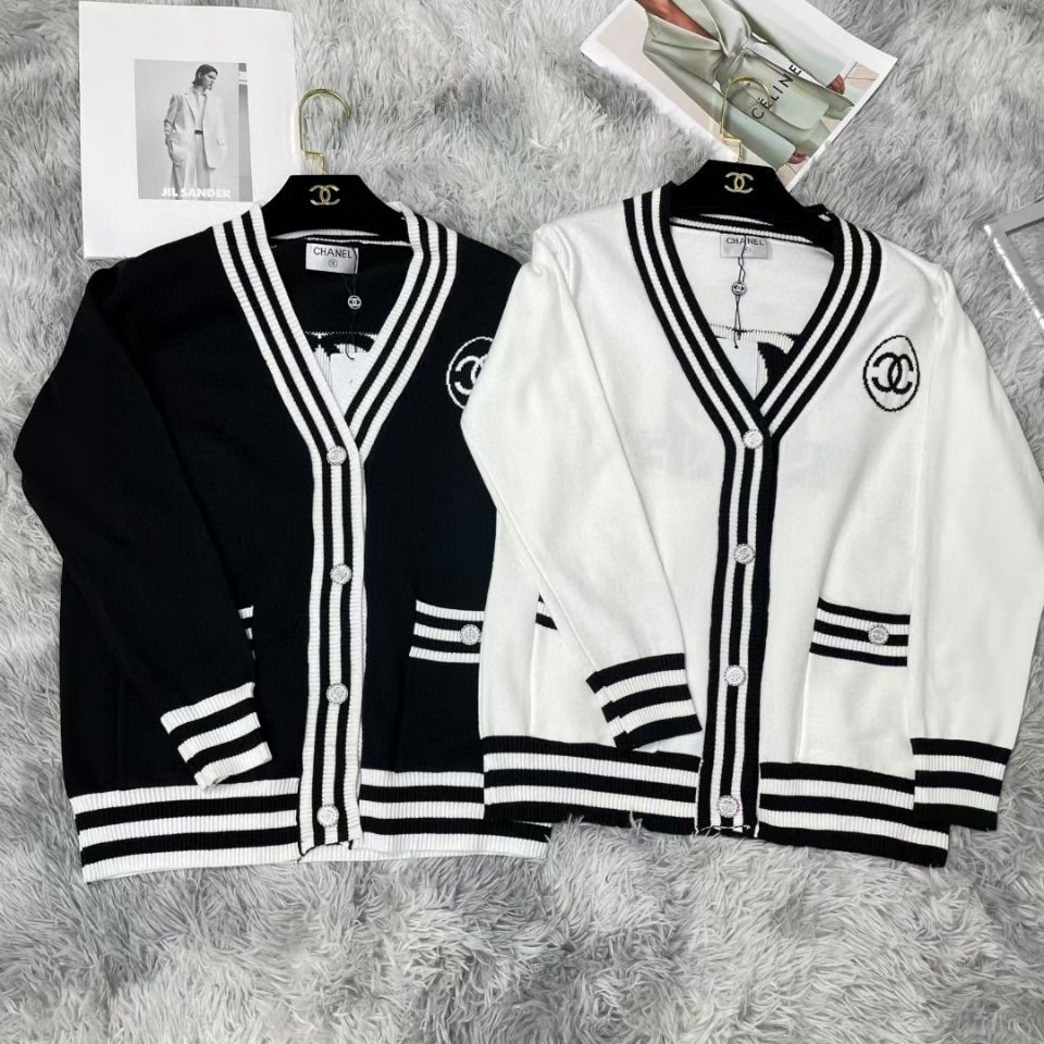 Chanel Clothing Cardigans Knit Sweater Sweatshirts Black White Unisex Knitting Fall/Winter Collection Casual