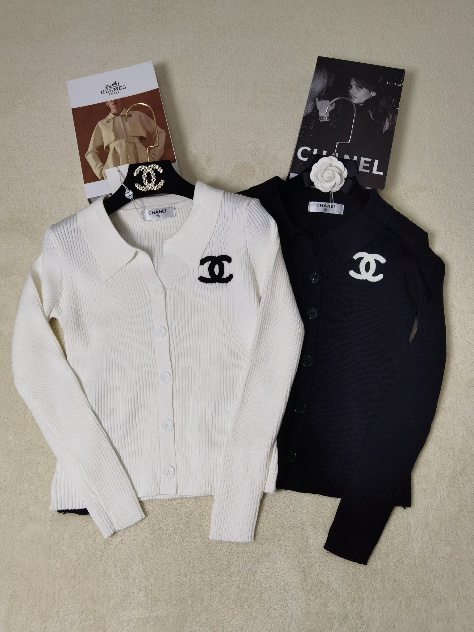 Chanel Clothing Cardigans Knit Sweater Sweatshirts Black White Knitting