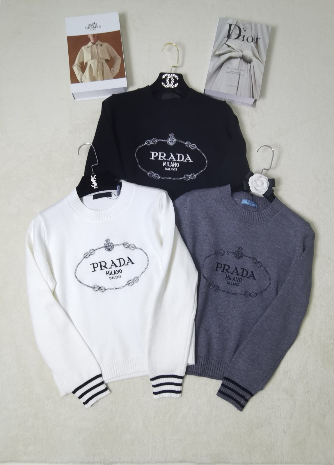 Prada Clothing Knit Sweater Sweatshirts Black Grey White Knitting