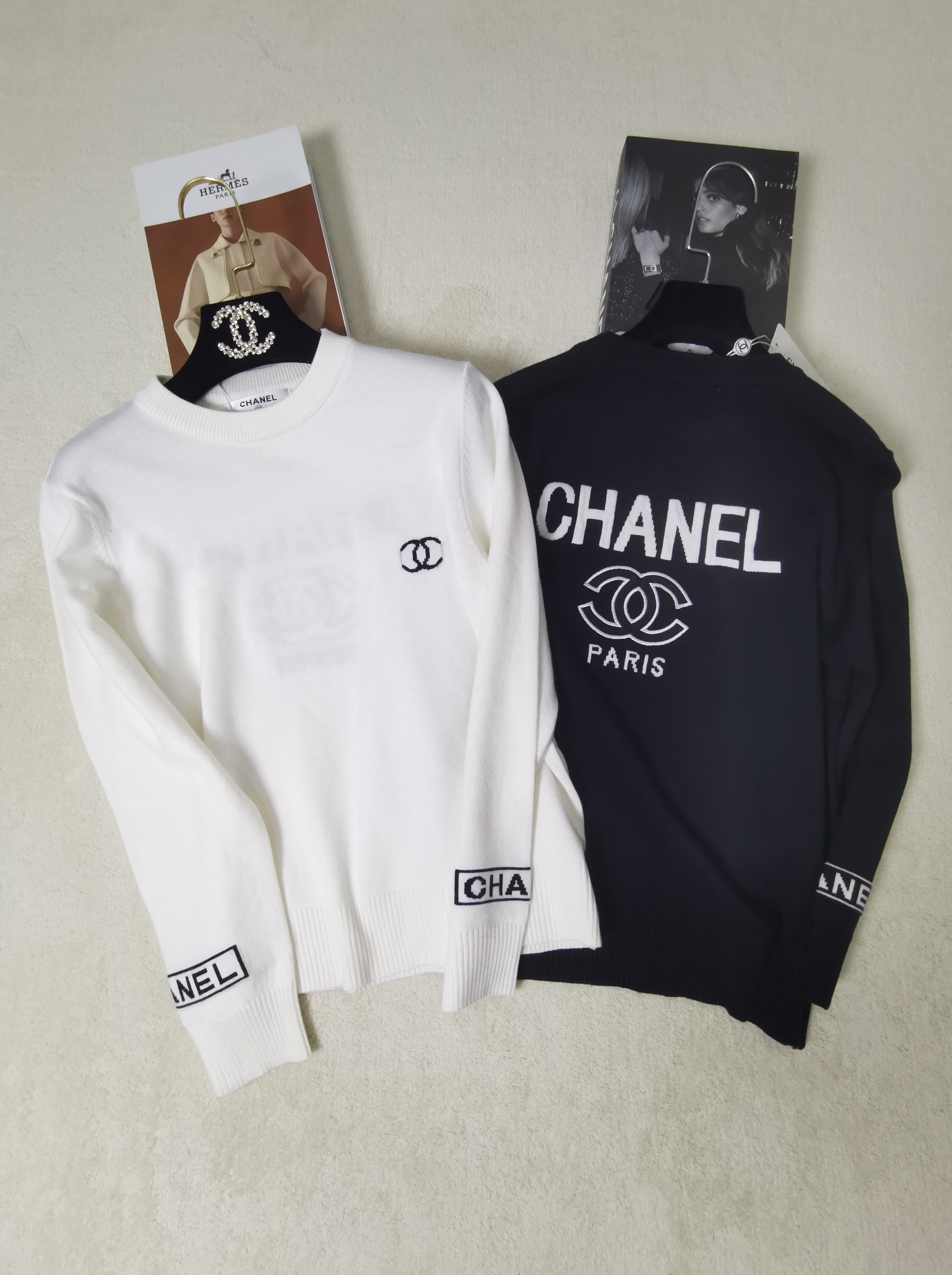 Chanel Clothing Knit Sweater Sweatshirts Black White Embroidery Knitting