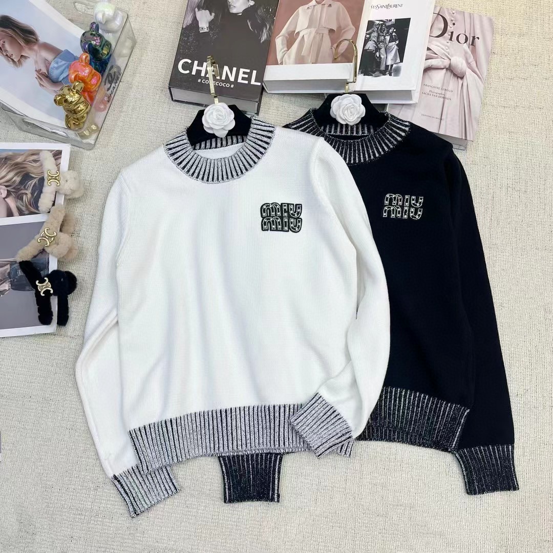 MiuMiu Flawless
 Clothing Knit Sweater Sweatshirts Black White Splicing Knitting Long Sleeve