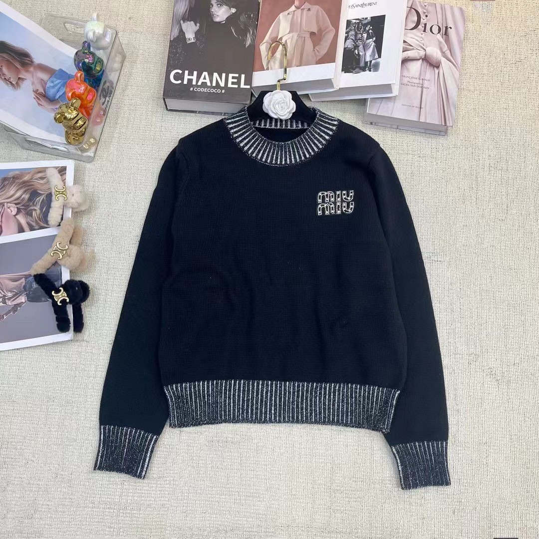 MiuMiu Clothing Knit Sweater Sweatshirts Black White Splicing Knitting Long Sleeve