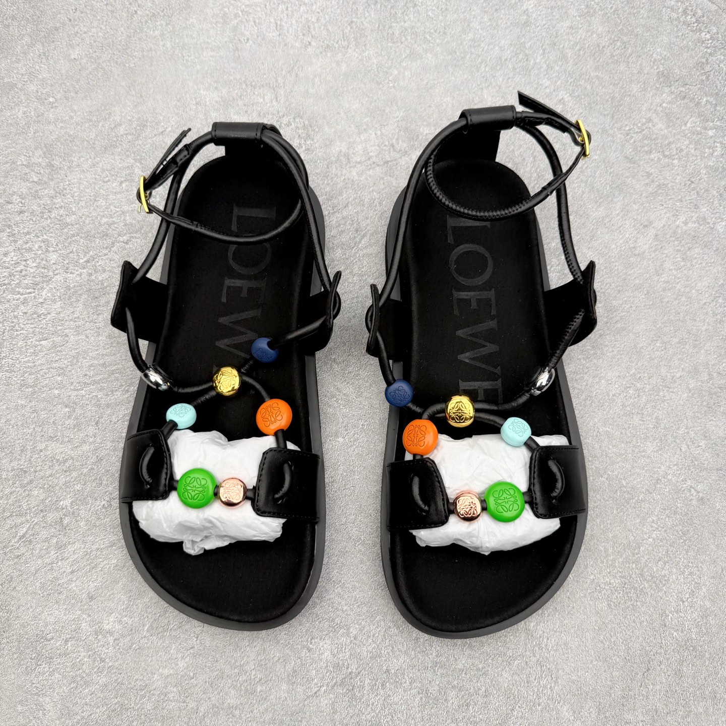 LOEWE罗意威 Pebble Beads Fussbett 纳帕羊皮 鹅卵石装饰 一字带凉鞋 1cm 