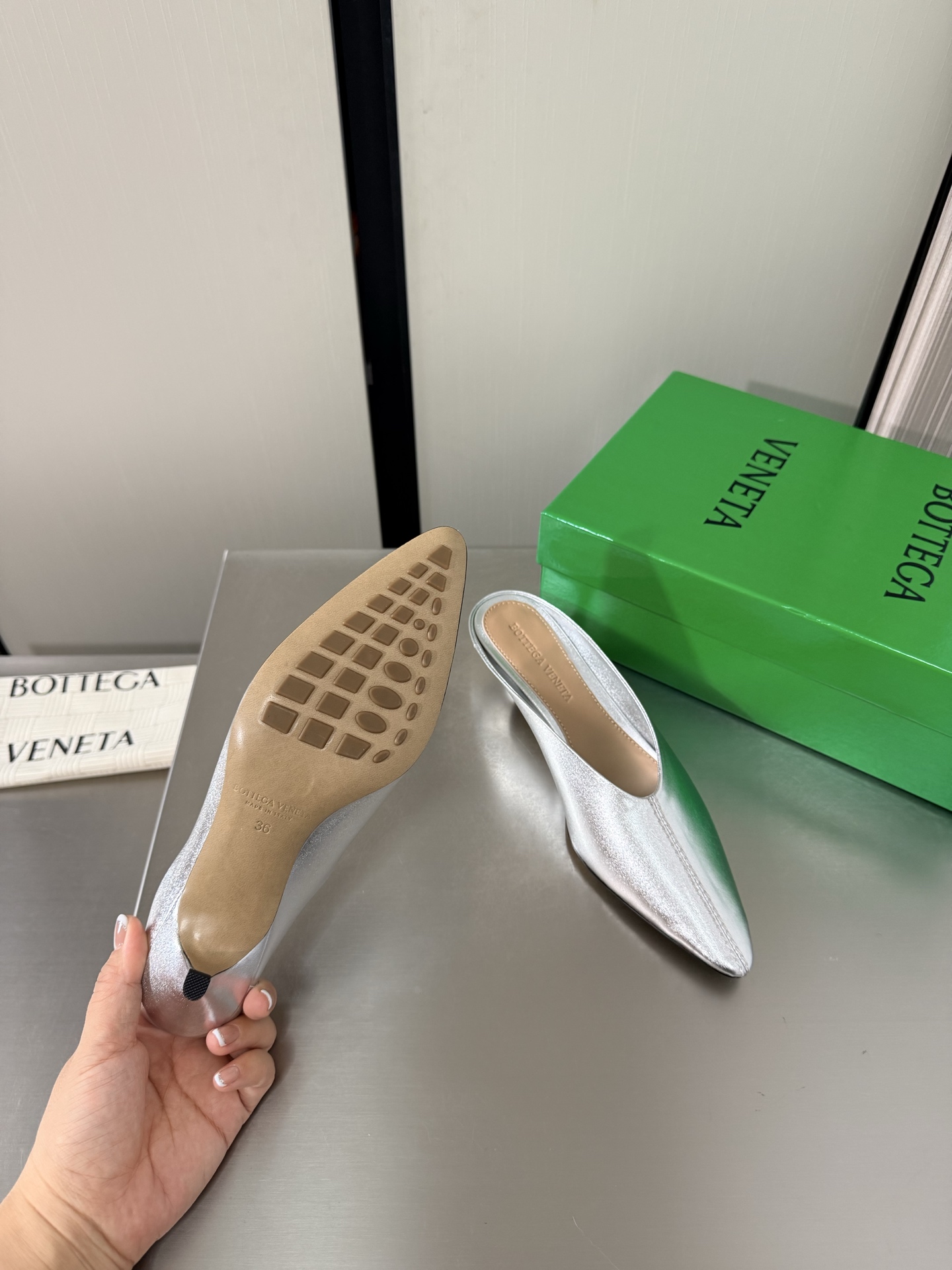 BV Silver Pointed Mules