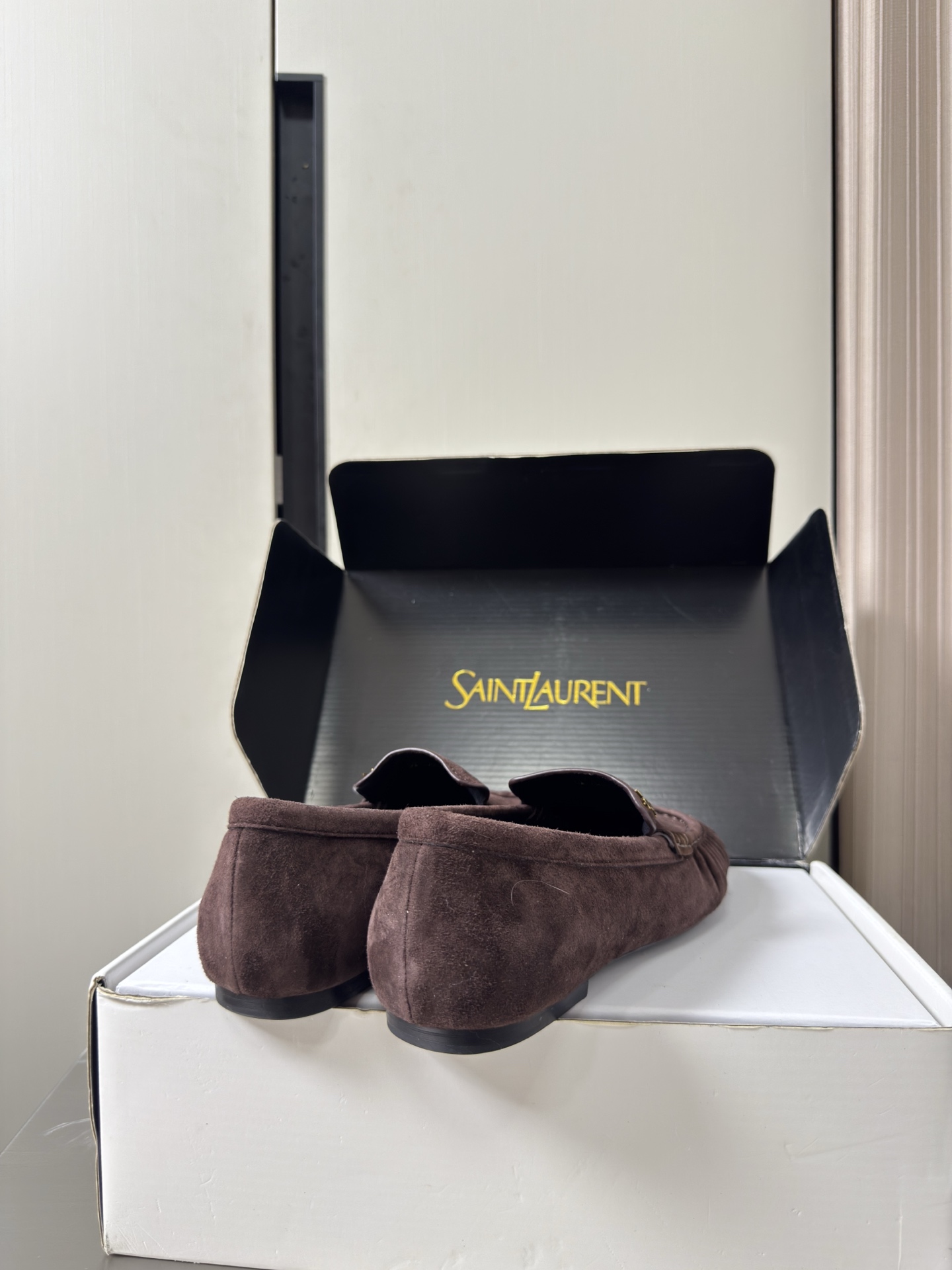 YSL Dark Brown Suede Ruched Logo Loafers