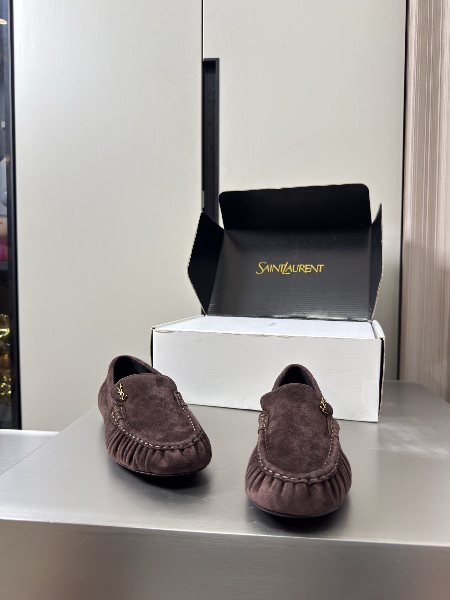 YSL Dark Brown Suede Ruched Logo Loafers