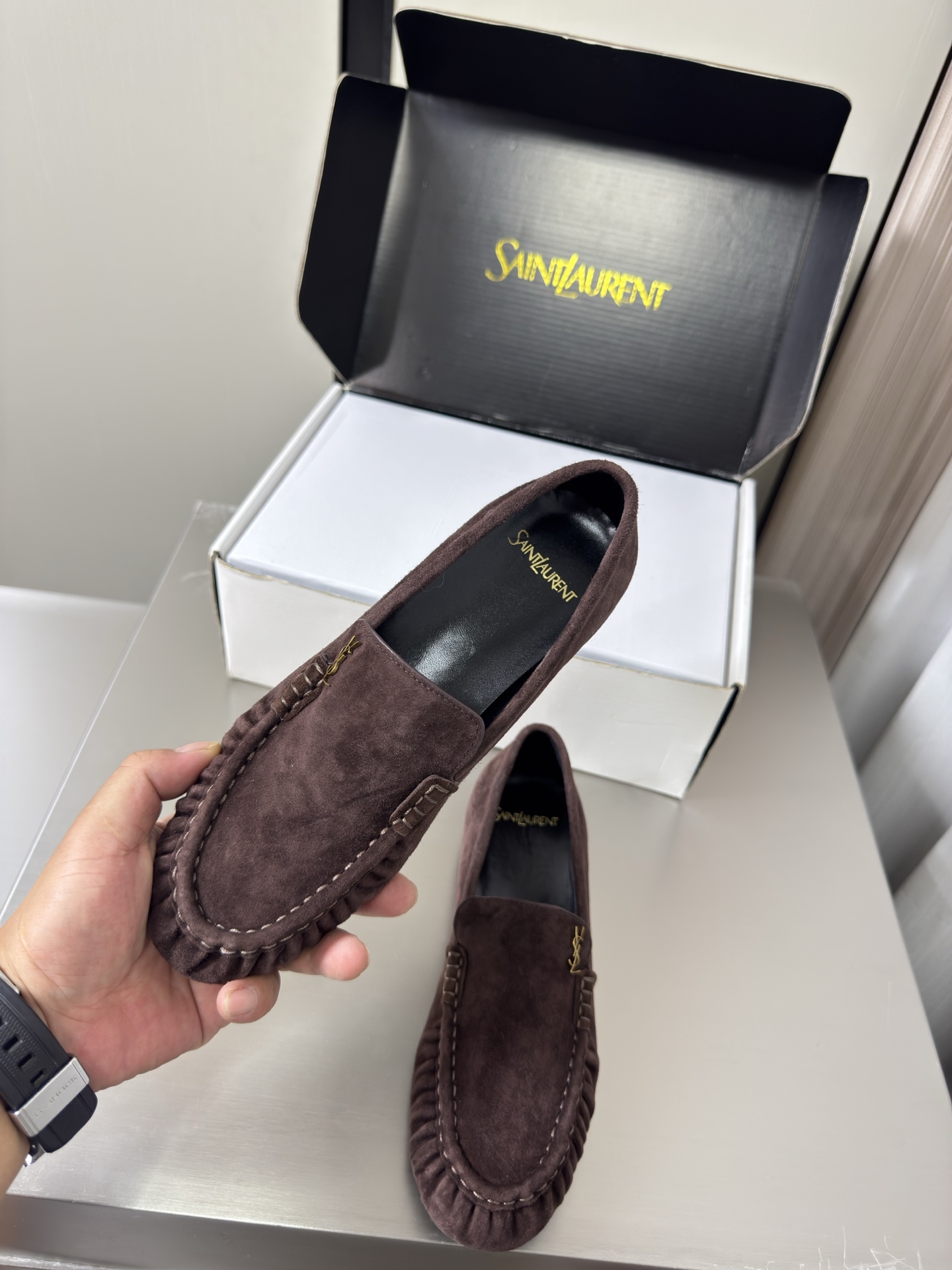 YSL Dark Brown Suede Ruched Logo Loafers
