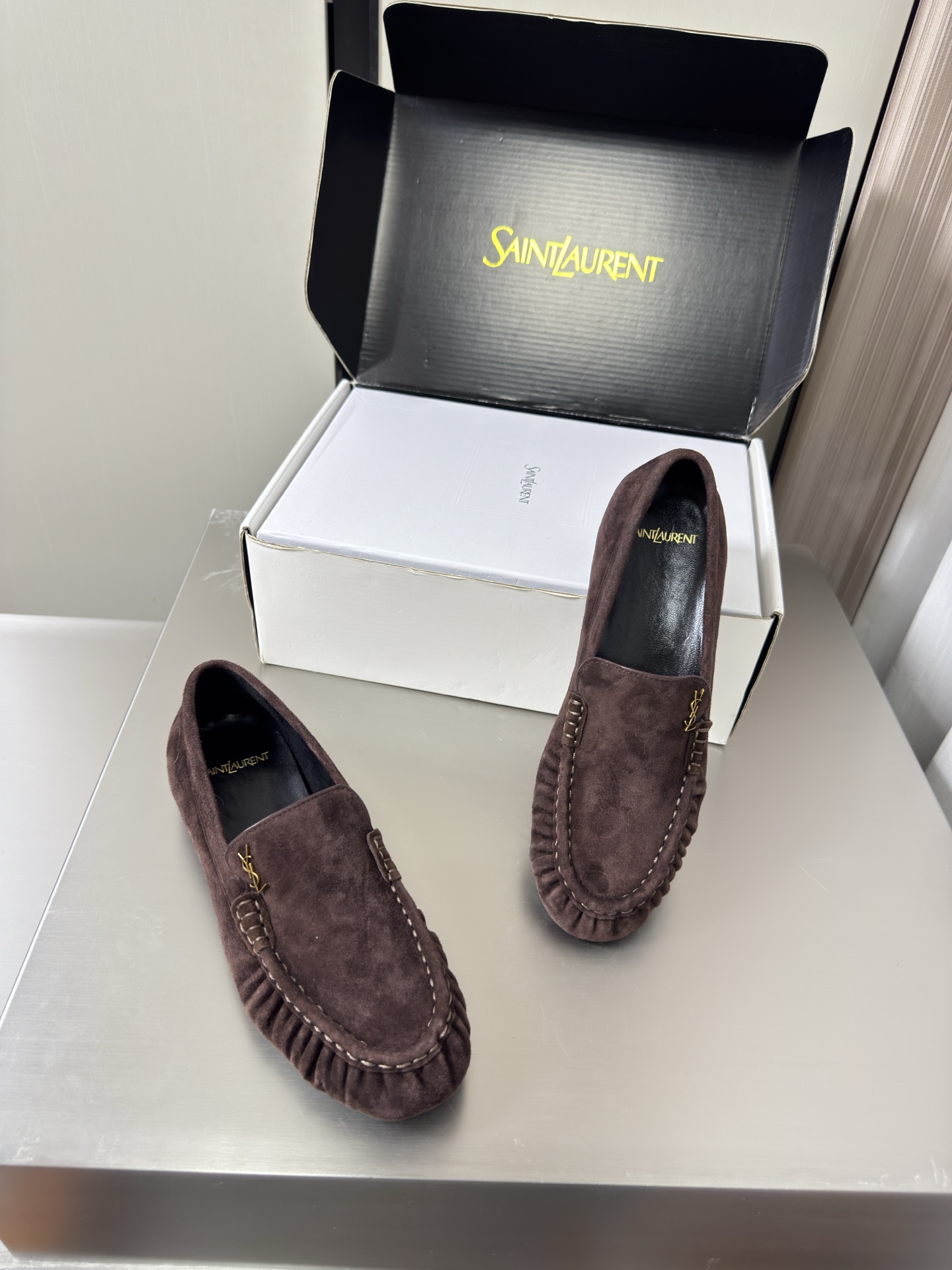 YSL Dark Brown Suede Ruched Logo Loafers
