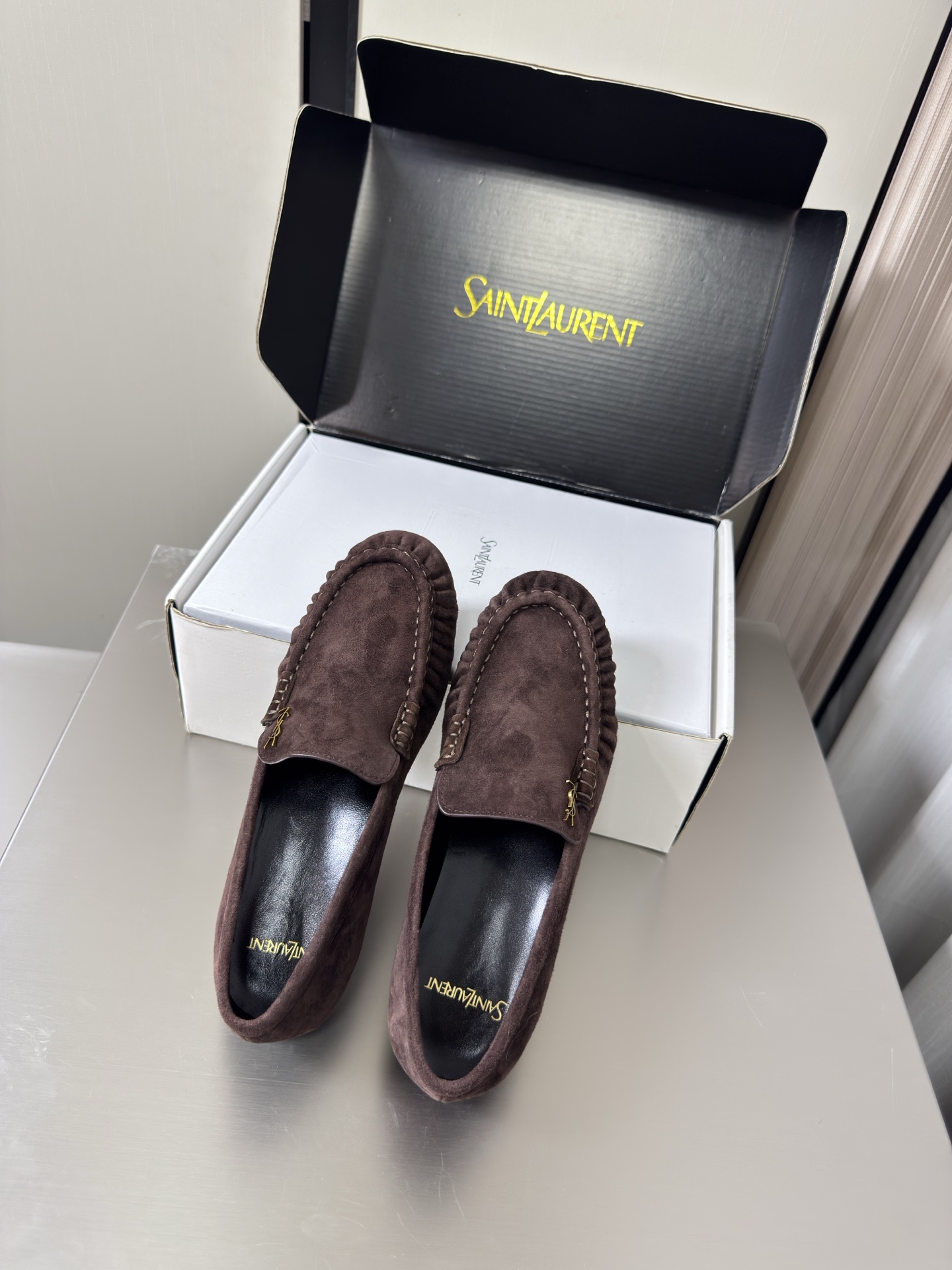 YSL Dark Brown Suede Ruched Logo Loafers