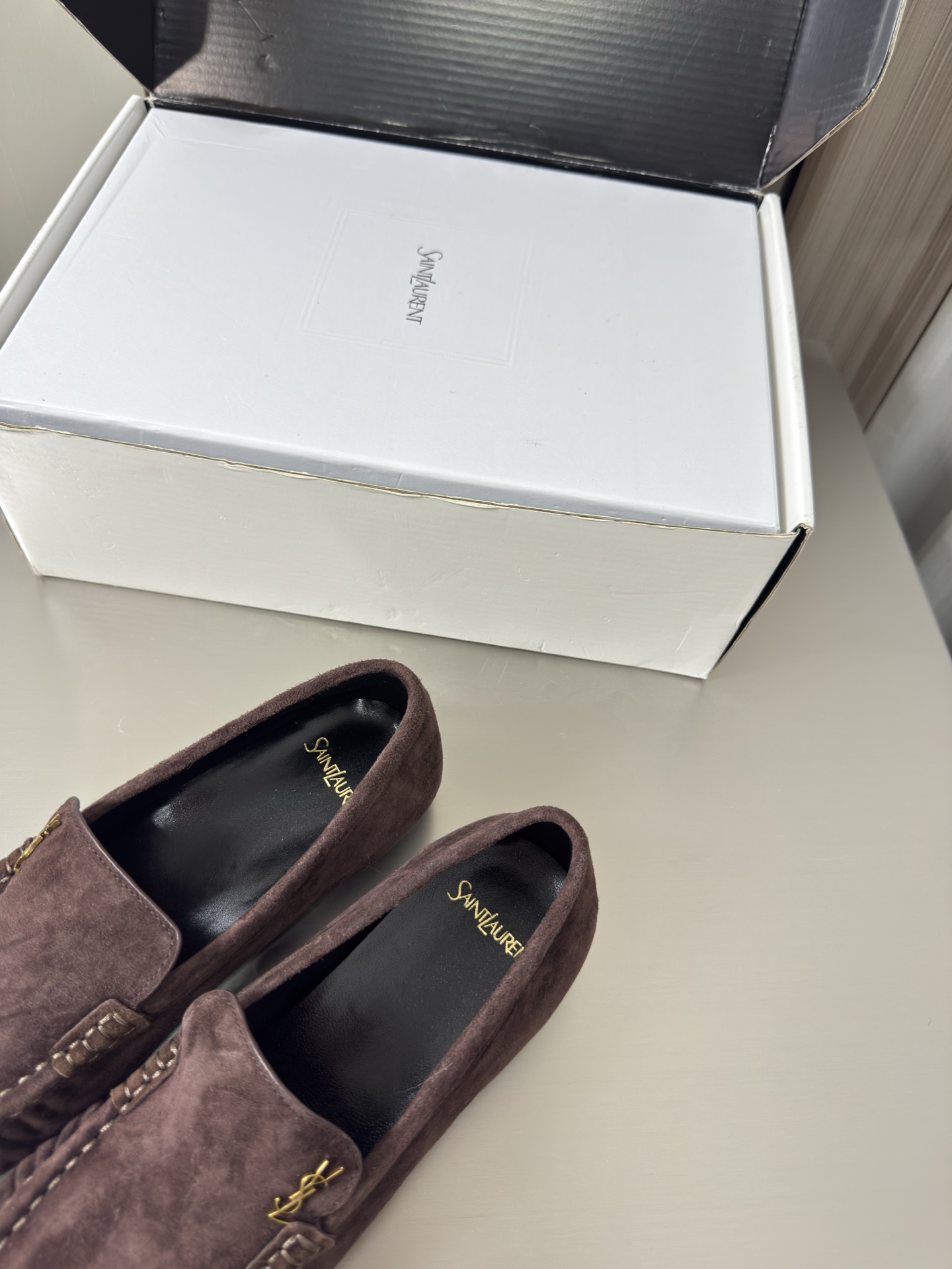 YSL Dark Brown Suede Ruched Logo Loafers