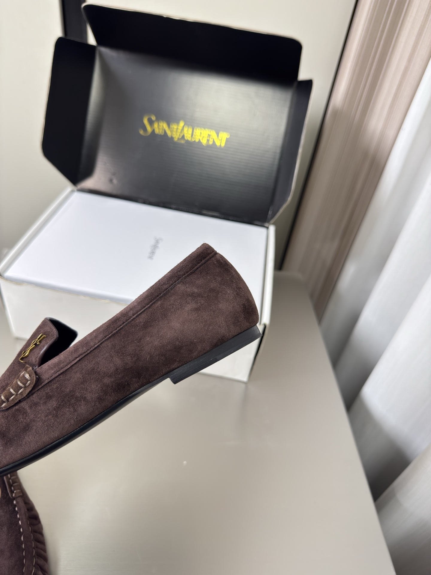 YSL Dark Brown Suede Ruched Logo Loafers