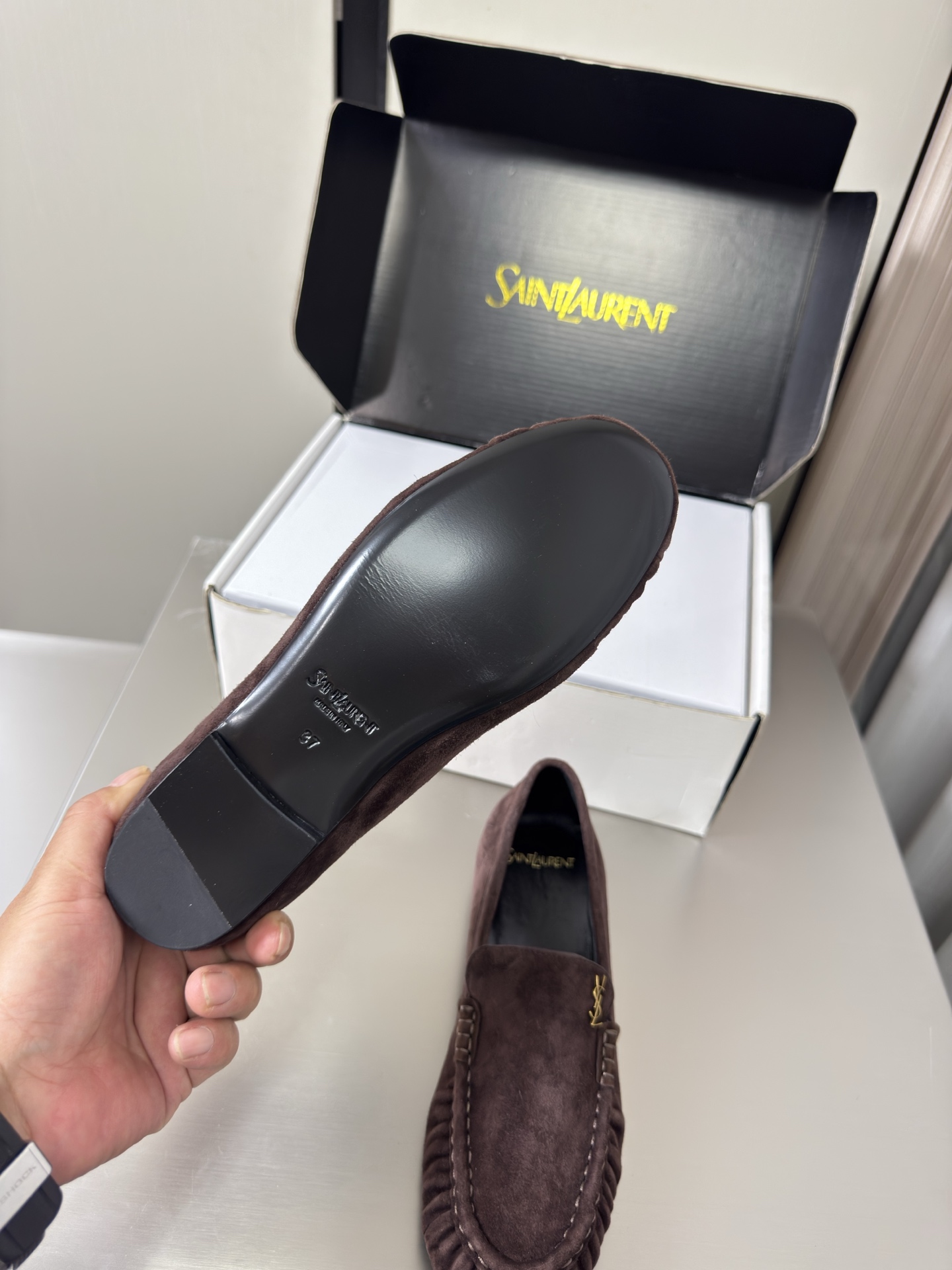 YSL Dark Brown Suede Ruched Logo Loafers