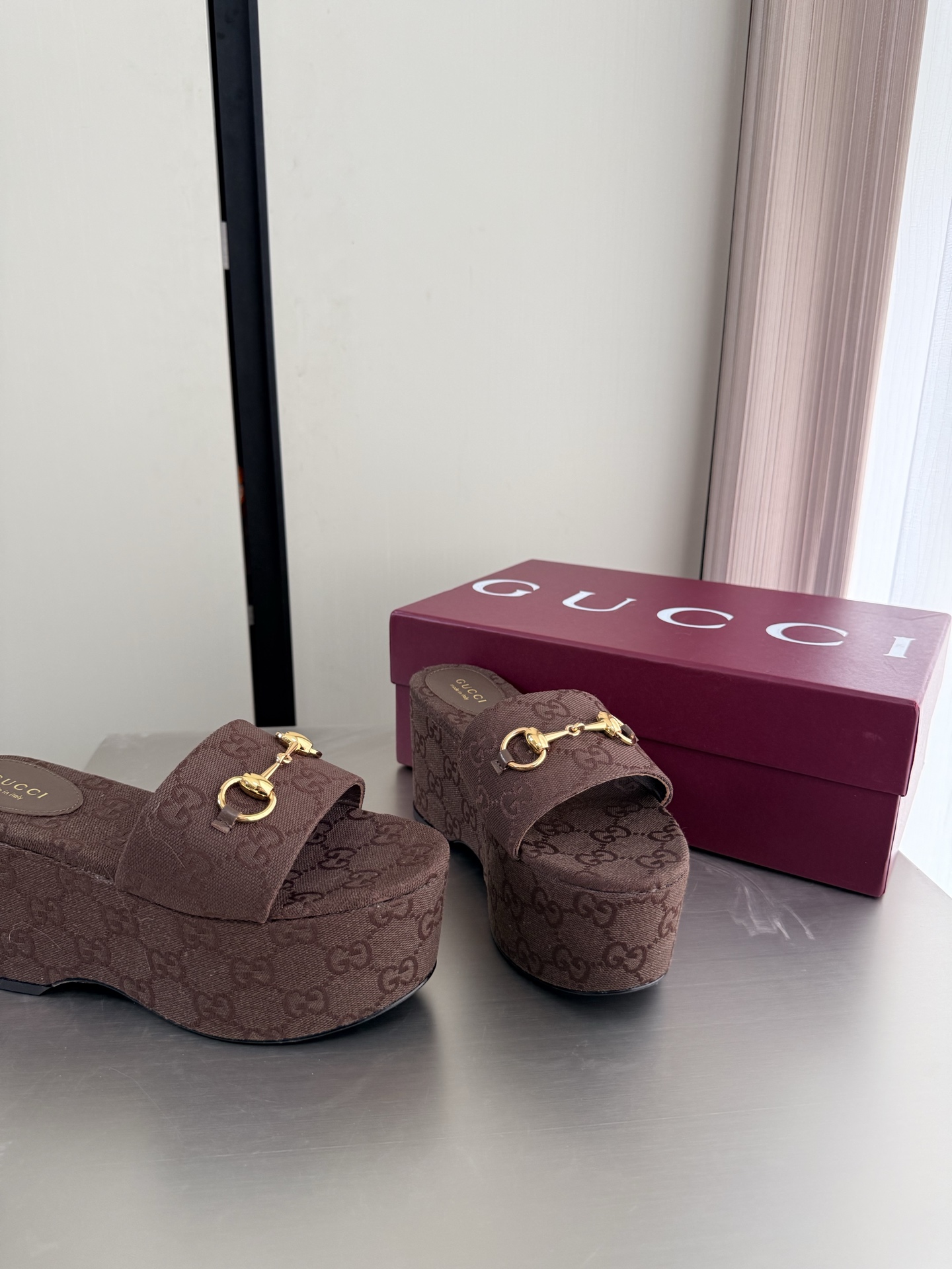 Gucci Canvas Horsebit Platform Wedge Slide Sandals