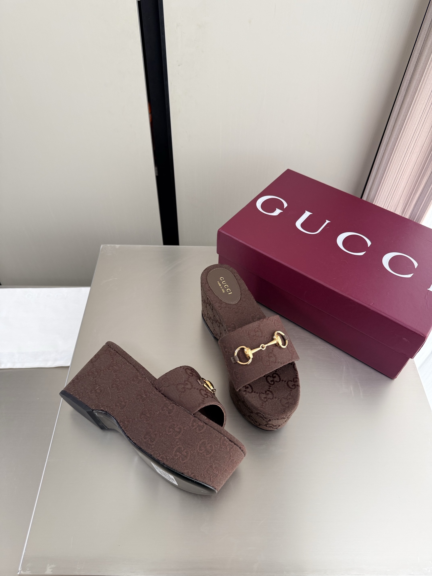 Gucci Canvas Horsebit Platform Wedge Slide Sandals