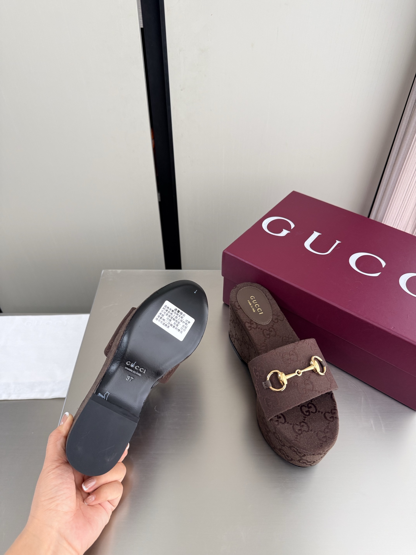 Gucci Canvas Horsebit Platform Wedge Slide Sandals