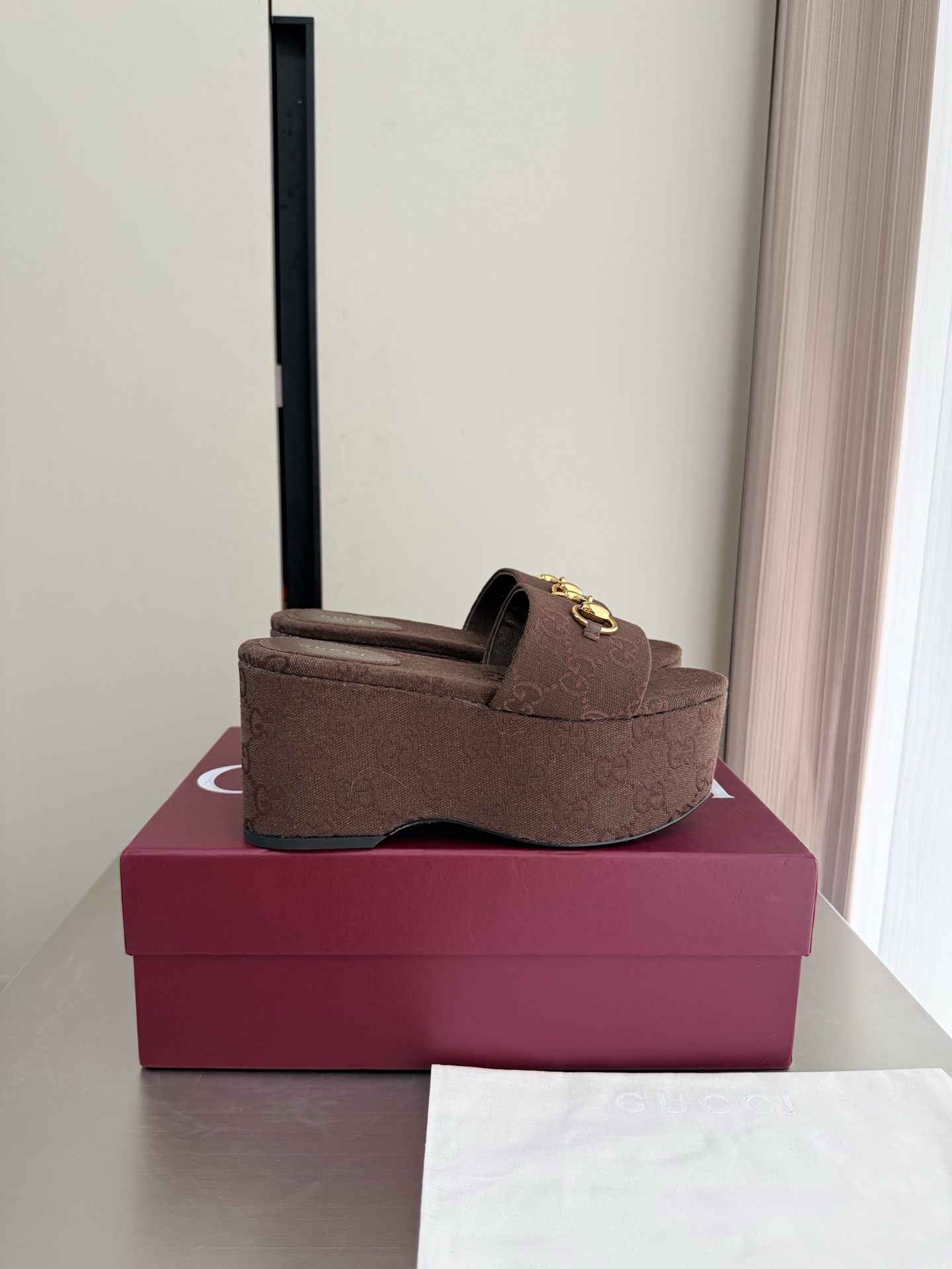 Gucci Canvas Horsebit Platform Wedge Slide Sandals