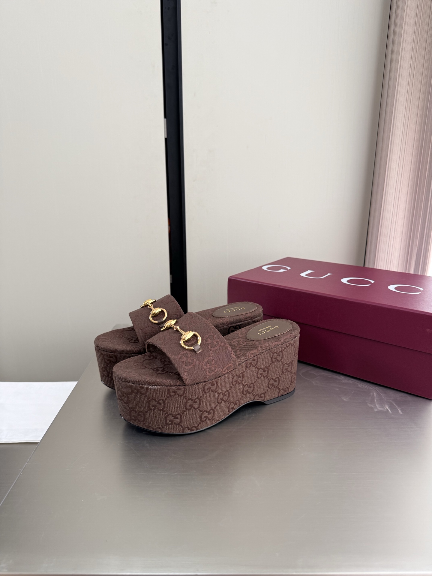 Gucci Canvas Horsebit Platform Wedge Slide Sandals