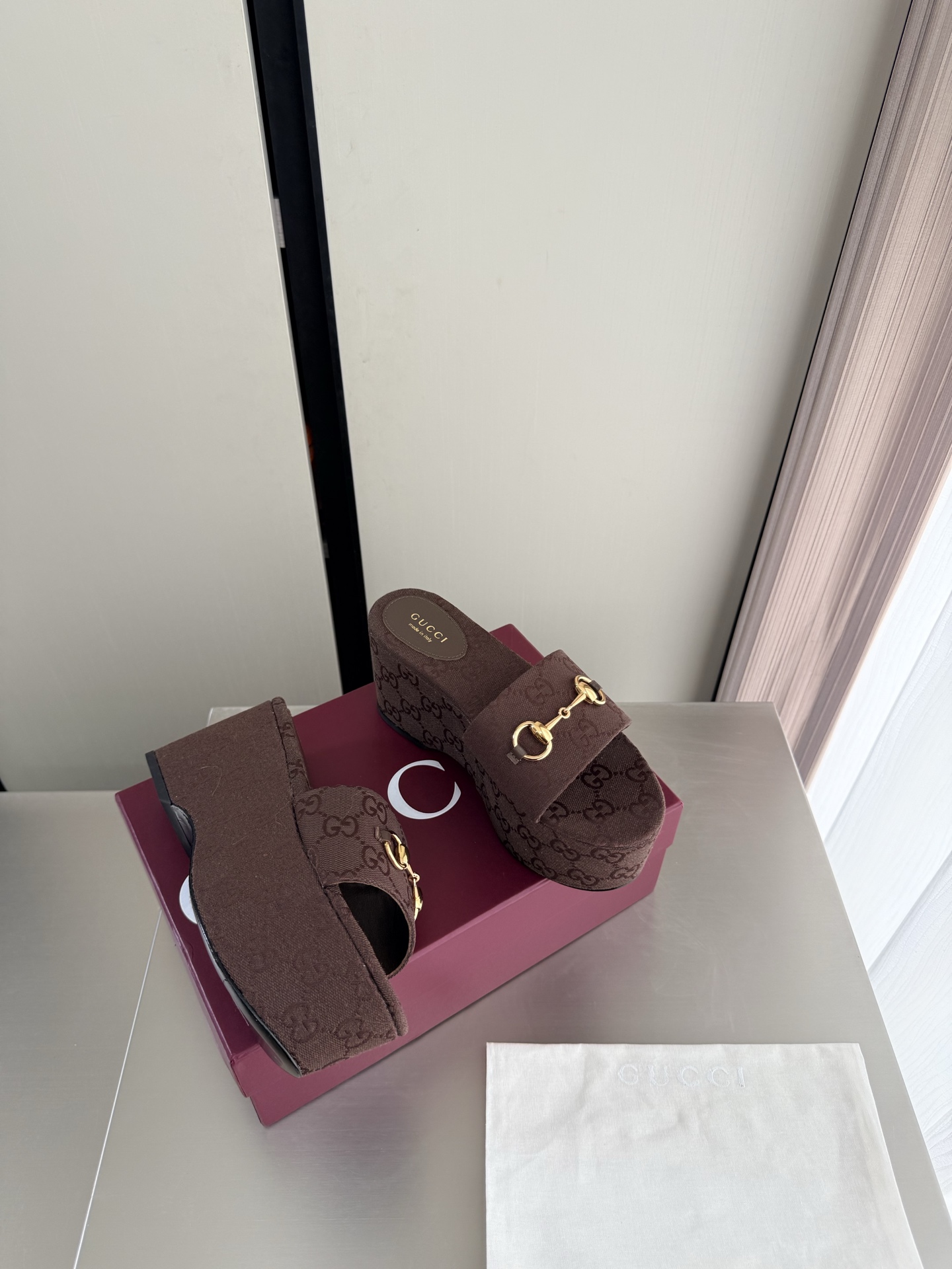 Gucci Canvas Horsebit Platform Wedge Slide Sandals