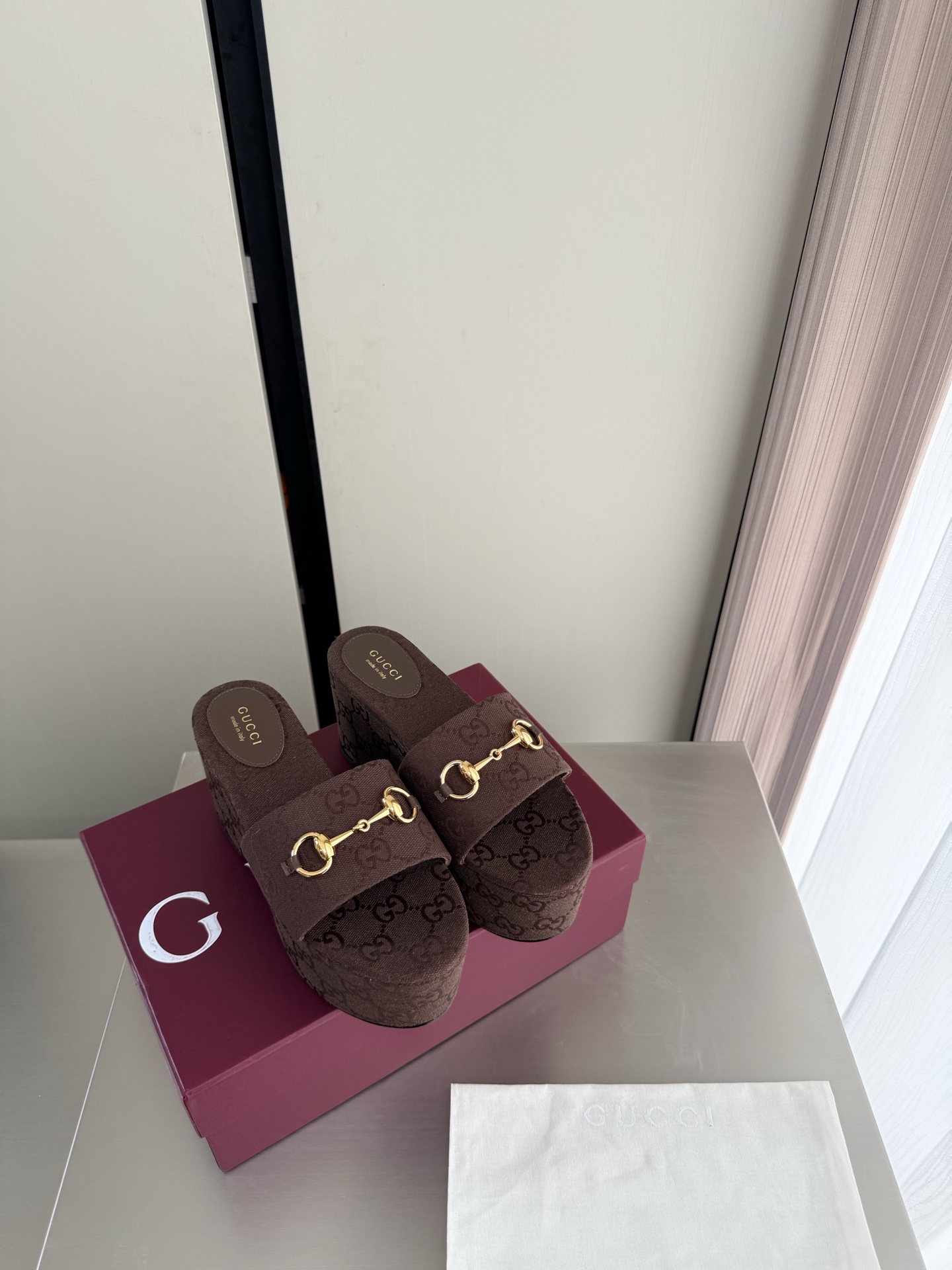 Gucci Canvas Horsebit Platform Wedge Slide Sandals