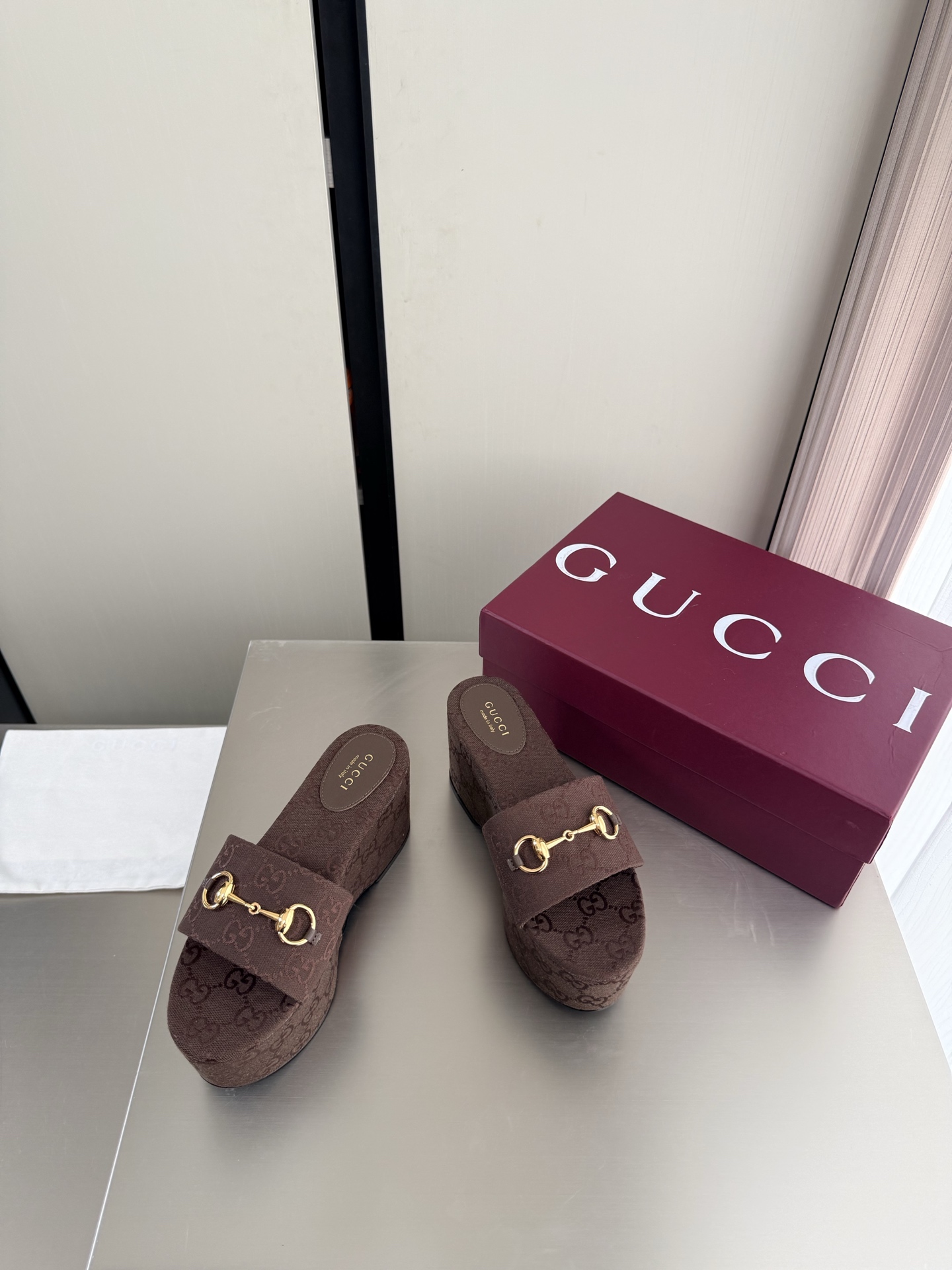 Gucci Canvas Horsebit Platform Wedge Slide Sandals