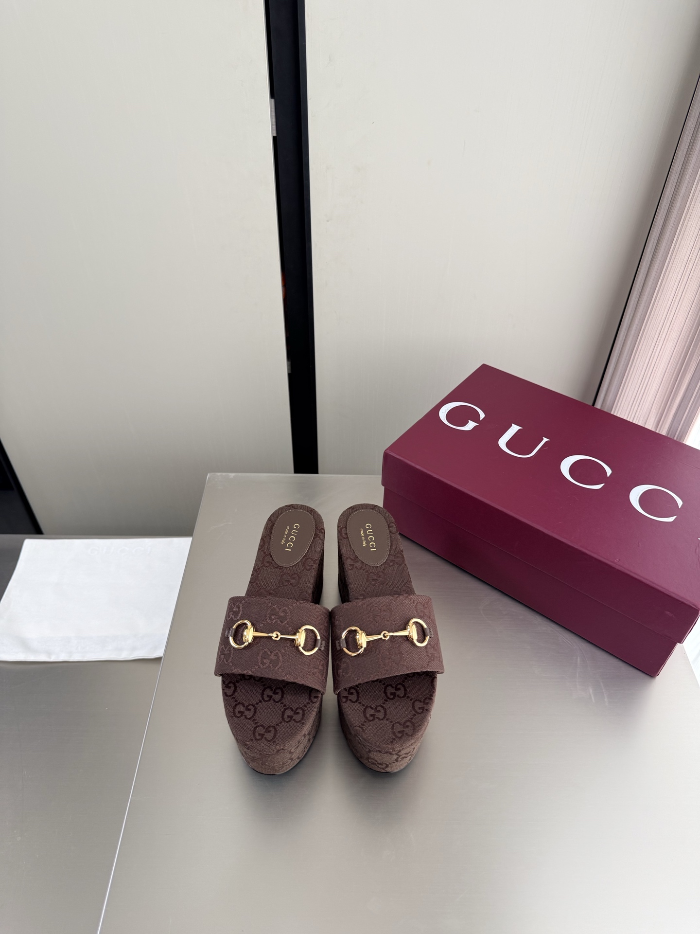 Gucci Canvas Horsebit Platform Wedge Slide Sandals