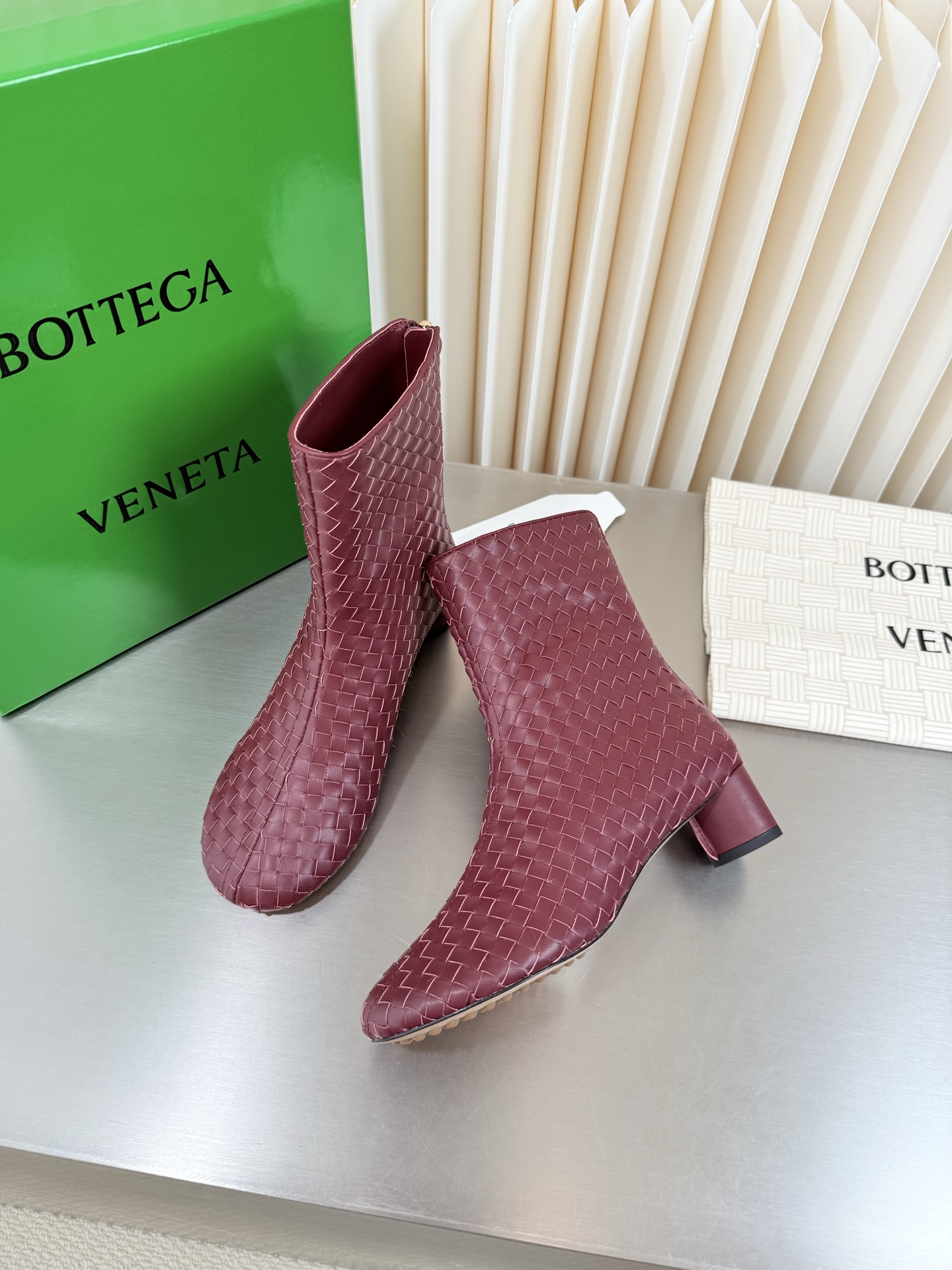 Bottega Veneta Burgundy Woven Block Heel Boots